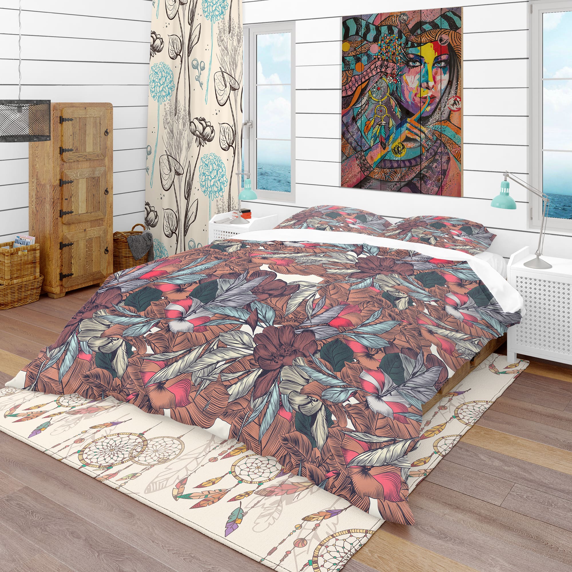 Designart &#x27;Floral Botanical Pattern with Engraved Flowers&#x27; Bohemian &#x26; Eclectic Bedding Set - Duvet Cover &#x26; Shams