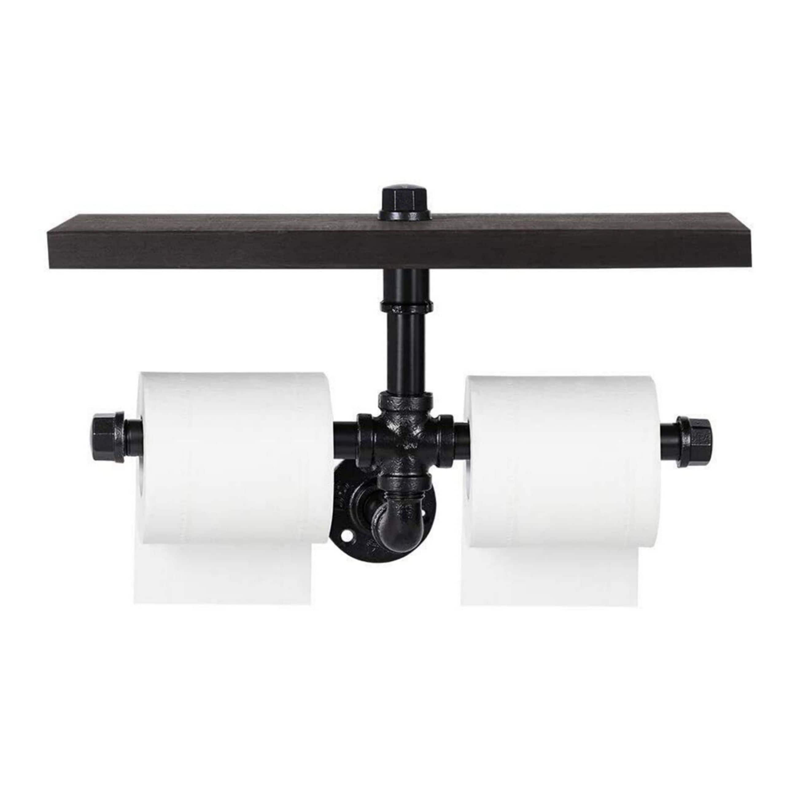 Black Wall Mounted Industrial Dual Toilet Paper Holder with Storage Shelf