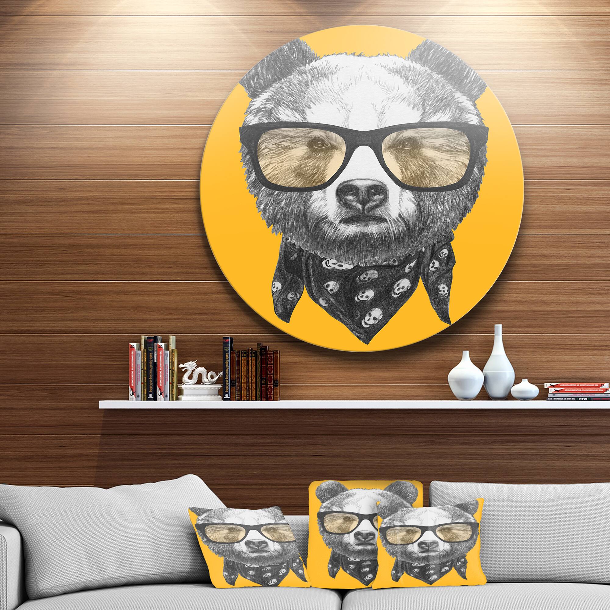Designart - Funny Bear with Formal Glasses&#x27; Disc Contemporary Animal Metal Circle Wall Decor