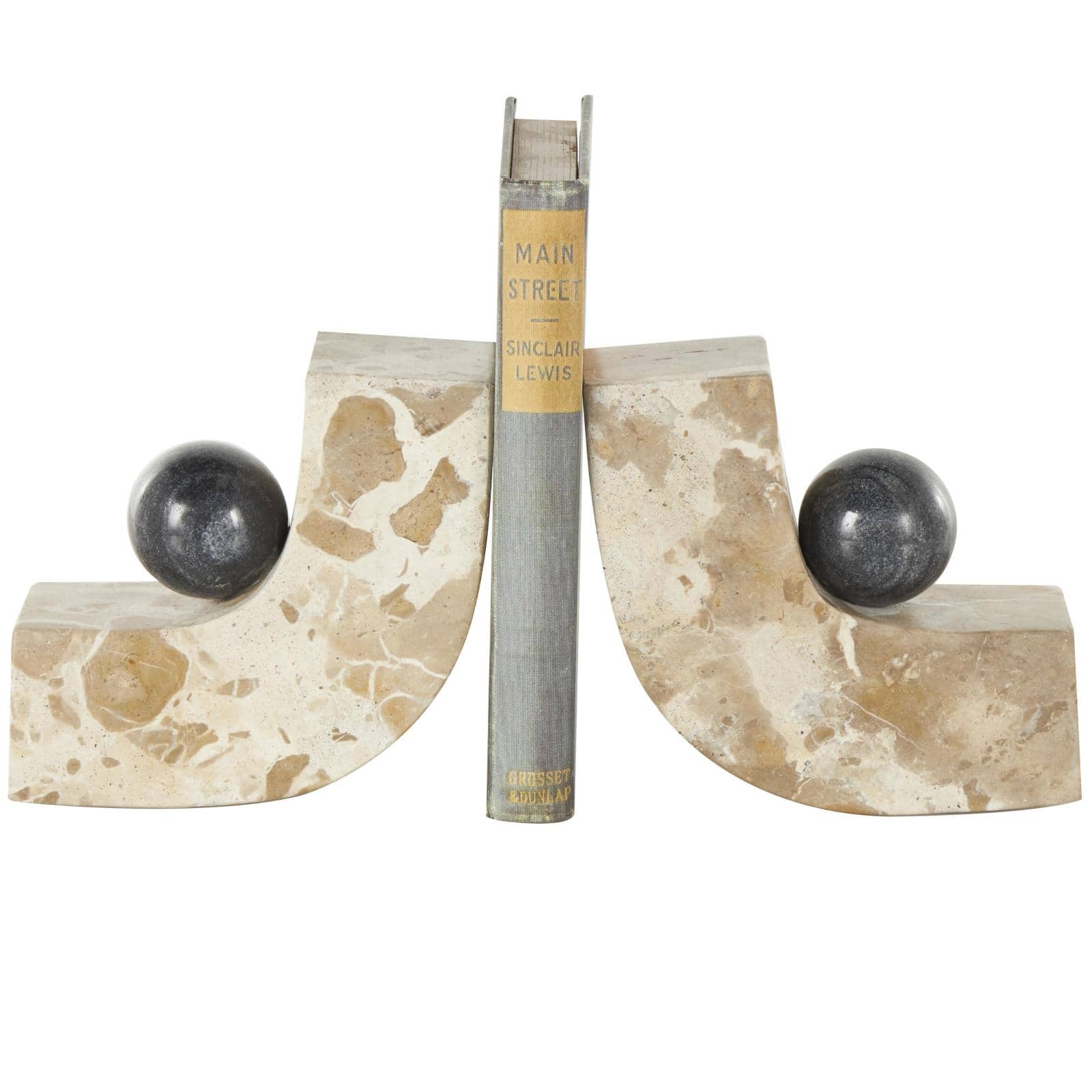 5&#x22; Brown Marble Arched Curved Bookends with Black Orbs, 2ct