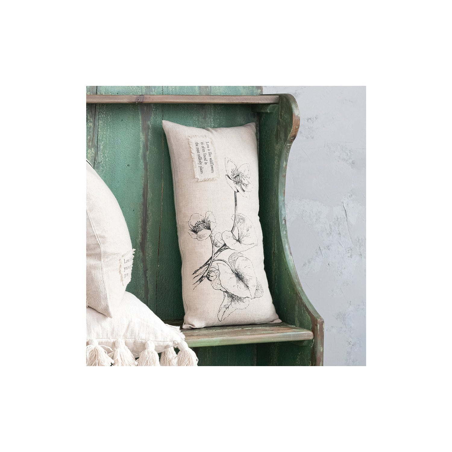 Hello Honey&#xAE; Natural &#x26; Black Text, Flowers &#x26; Bird Designs Linen Blend Lumbar Pillow