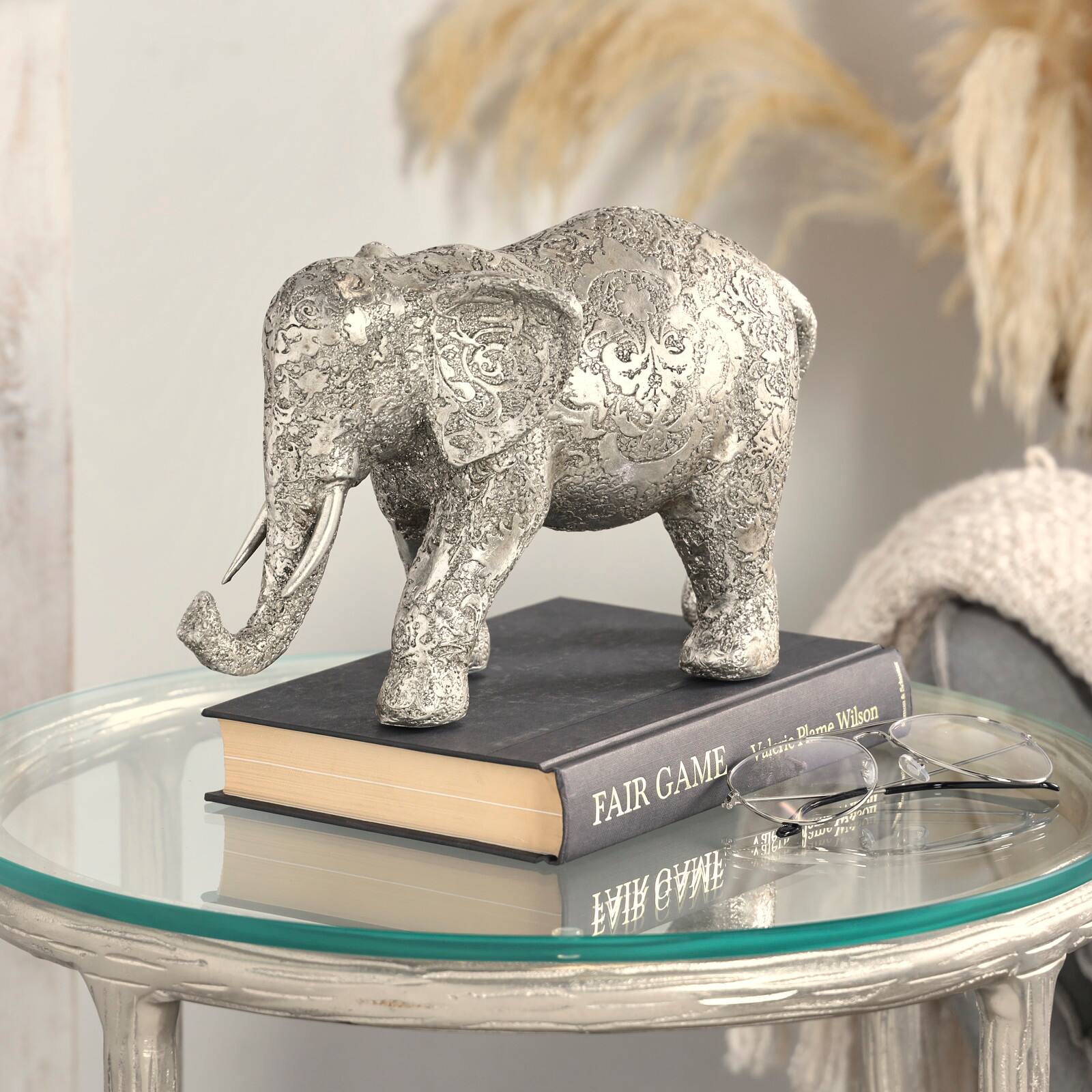 7" Silver Elephant Engraved Floral Sculpture
