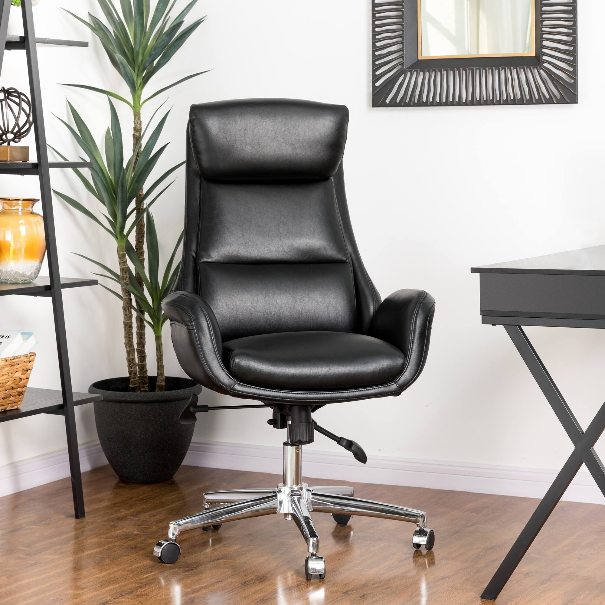 Glitzhome® Mid-Century Modern Faux Leather Adjustable High Back Swivel Office Chair