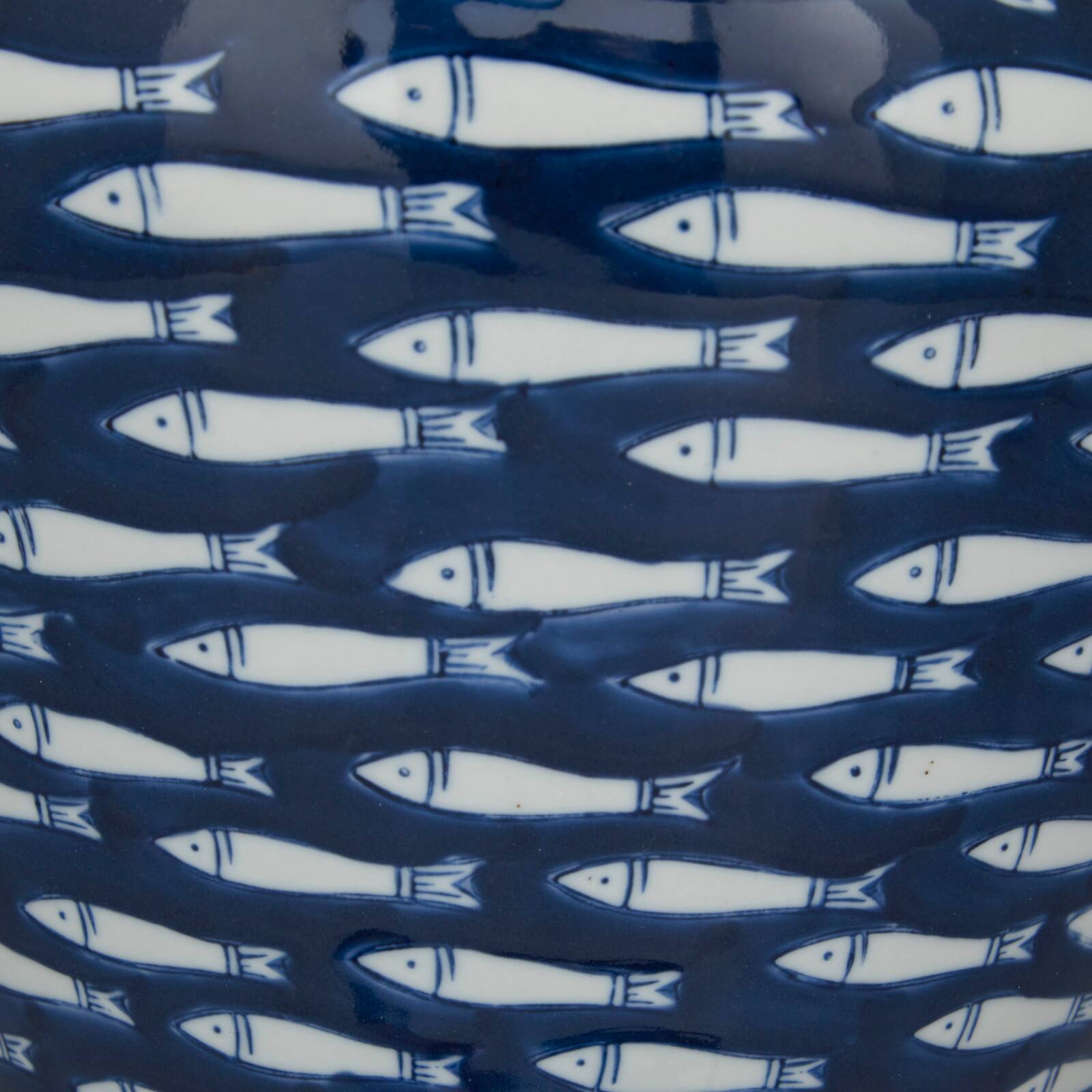 Dark Blue Ceramic Gourd Style Base Fish Table Lamp with Drum Shade 15" x 15" x 29"