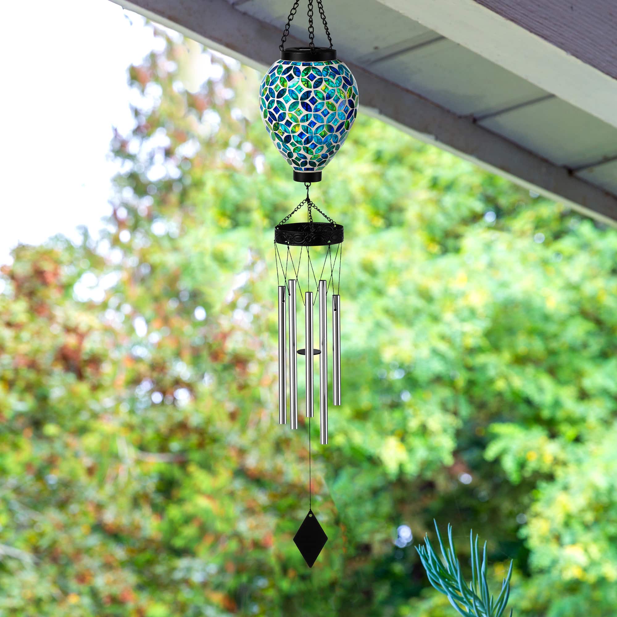 Glitzhome&#xAE; 37&#x22; Blue &#x26; Green Solar Lighted Metal &#x26; Glass Mosaic Windchime