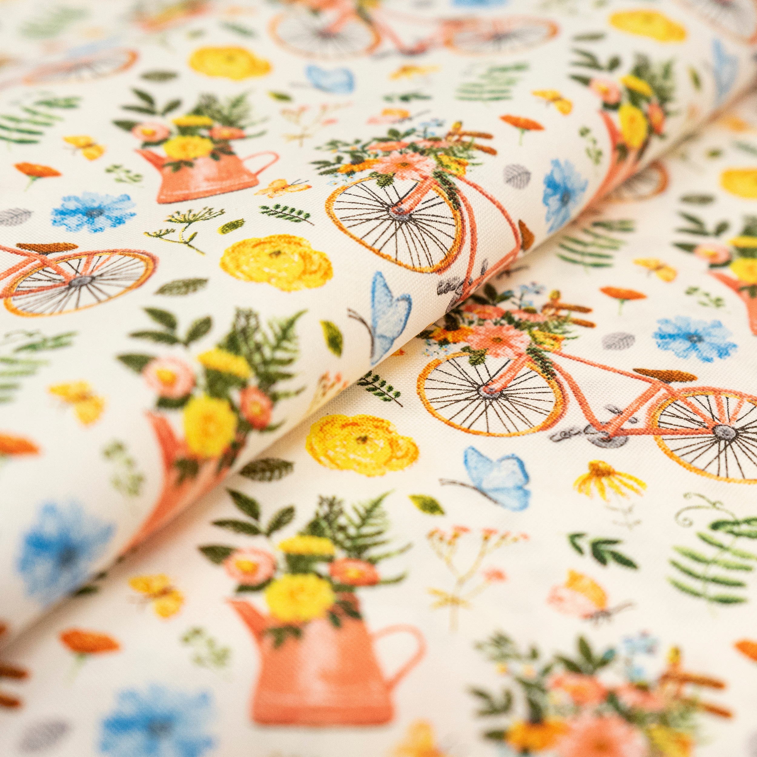 SINGER Bikes & Gardening on White Cotton Fabric