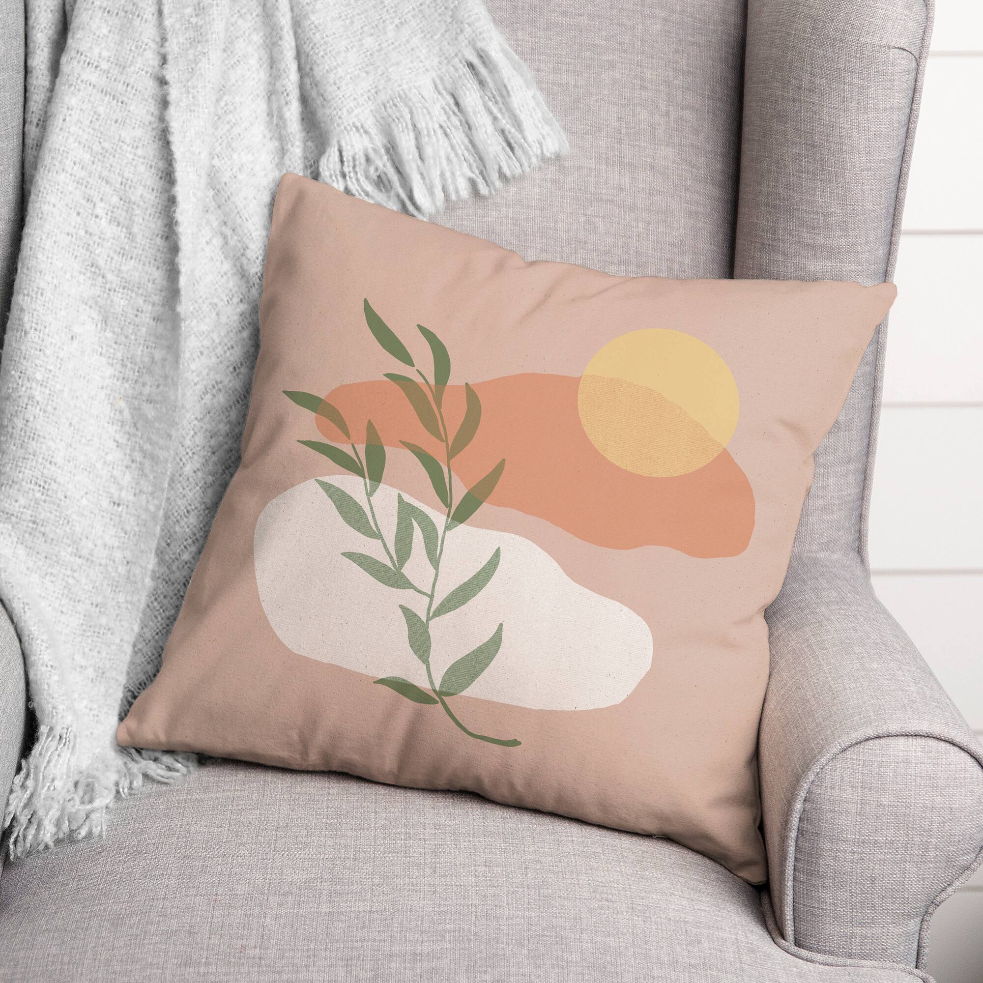 Clouds Leaf Sun On Blush  18&#x22; x 18&#x22; Throw Pillow