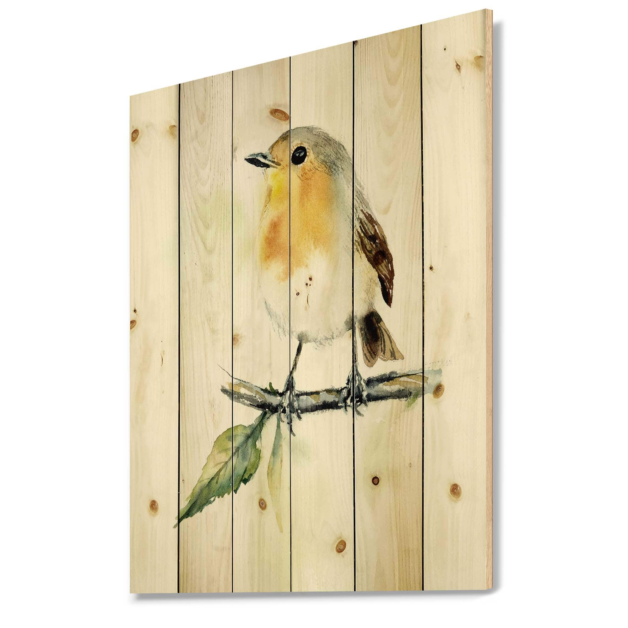 Designart - Little Robin Bird On A Branch - Traditional Print on Natural Pine Wood