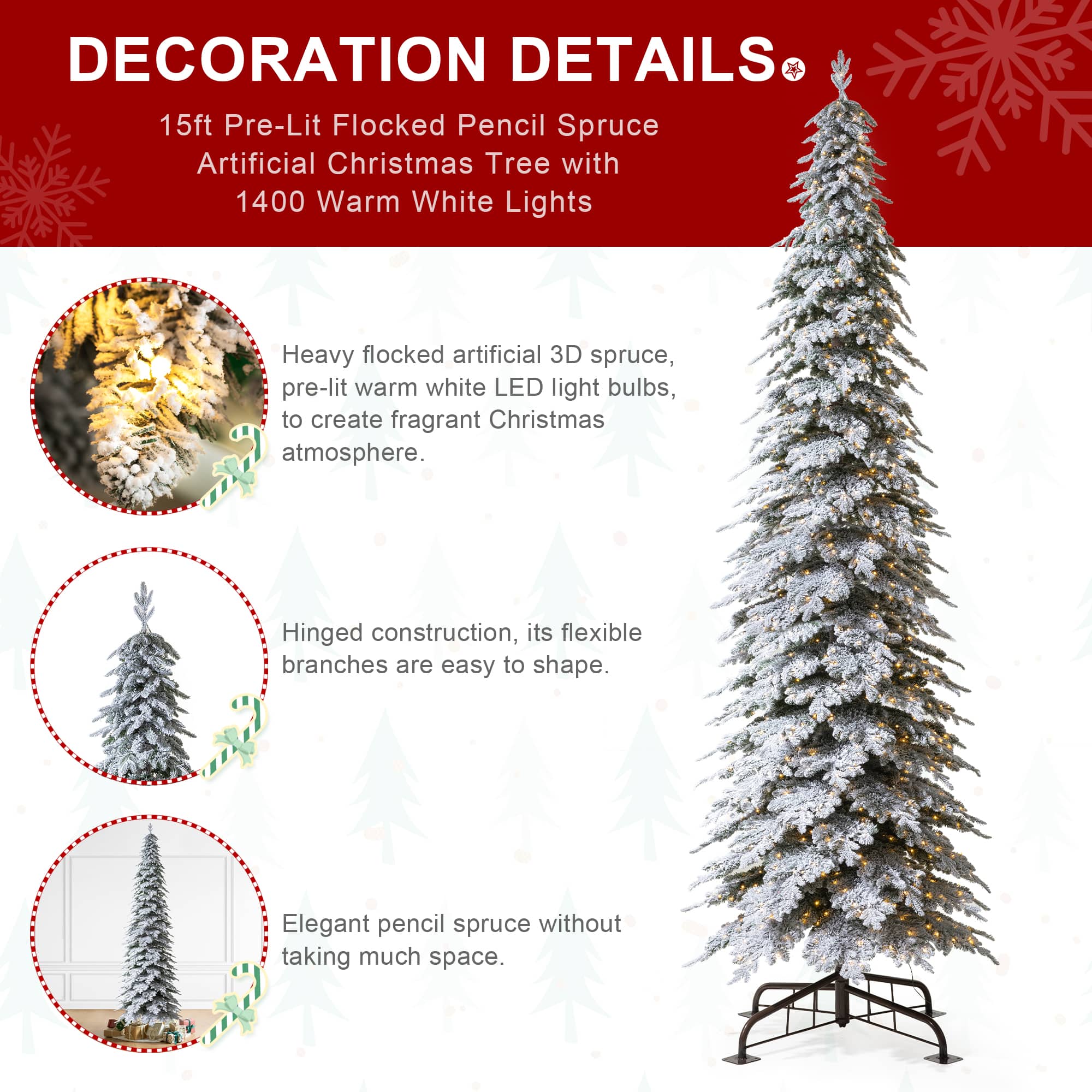 15ft. Pre-Lit Flocked Pencil Spruce Artificial Christmas Tree, Warm White LED Lights