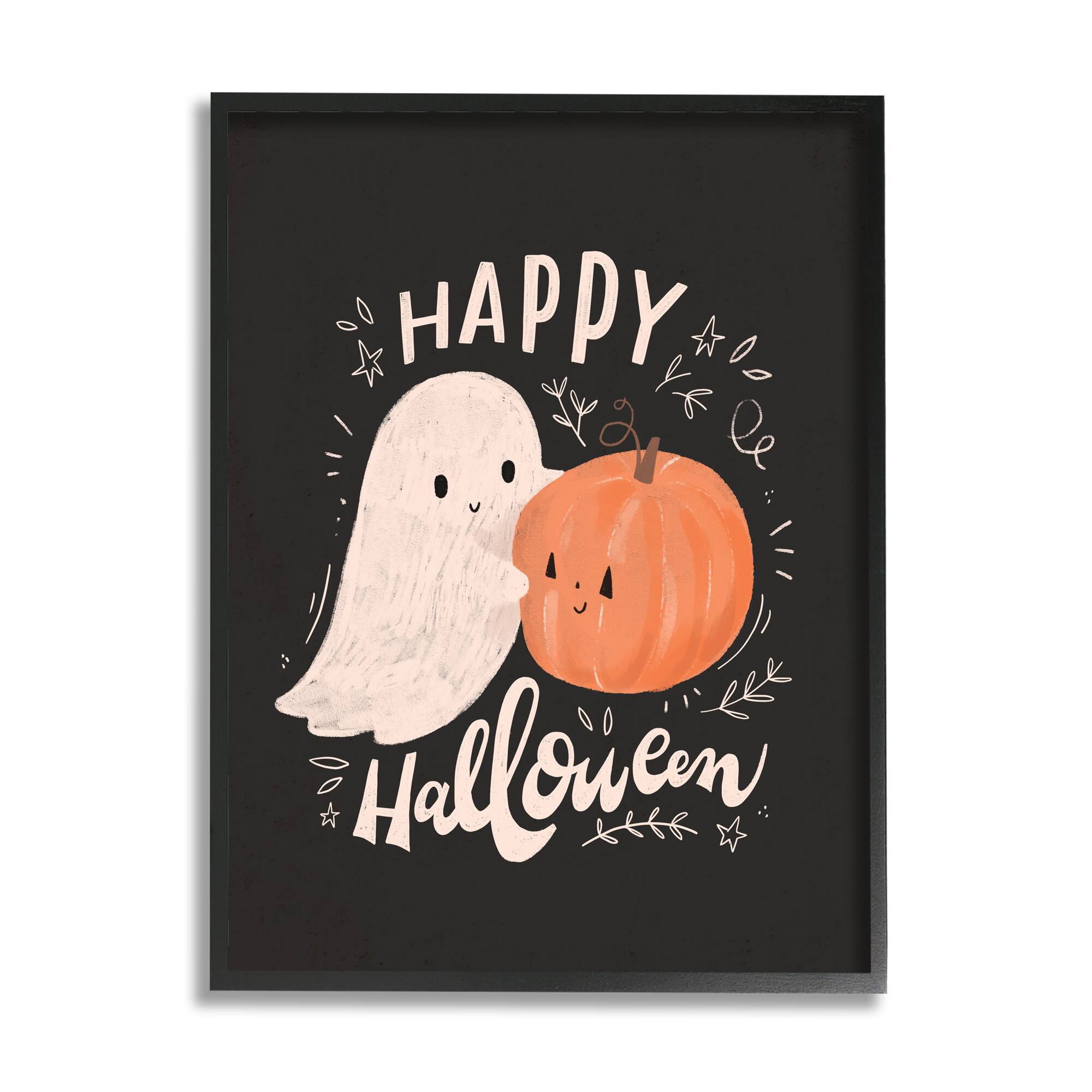 Stupell Industries Happy Halloween Smiling Ghost Pumpkin Framed Giclee Art