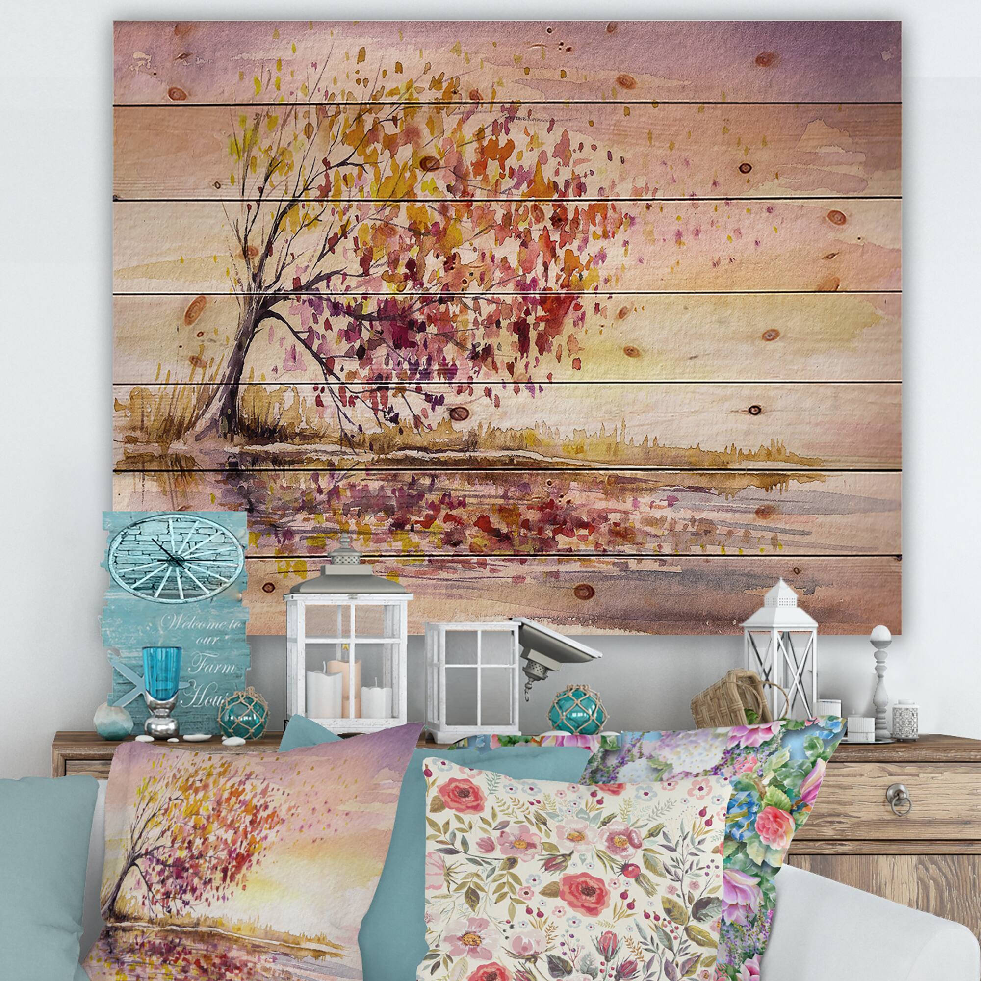 Designart - Yellow and Orange Autumn Tree - Traditional Print on Natural Pine Wood