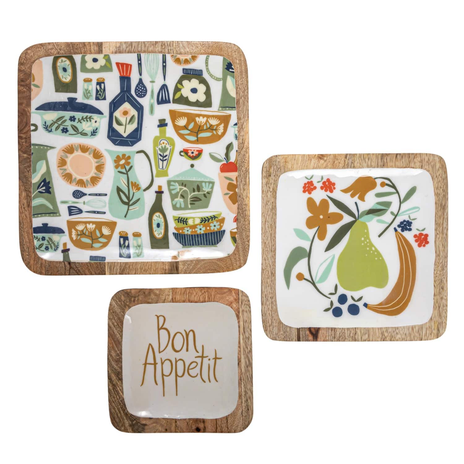 Hello Honey® Bon Apetit Enameled Mango Wood Tray Set