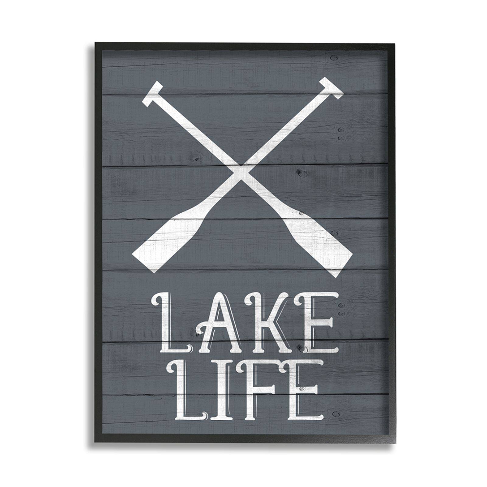 Stupell Industries Nautical Blue Lake Life Phrase Rustic Boat Oars Black Framed Wall Art