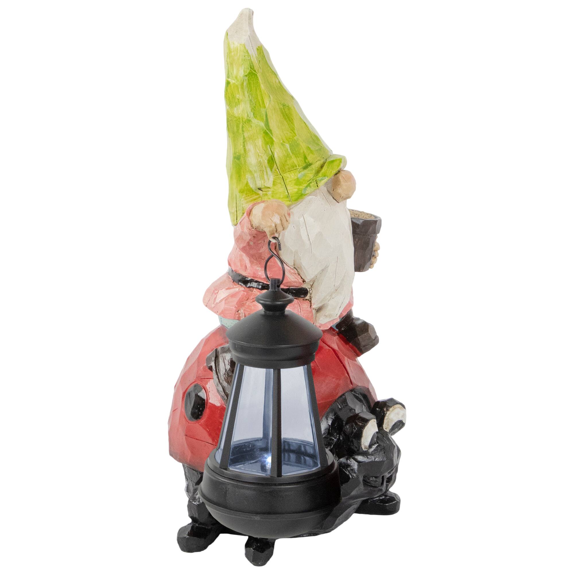 12.25&#x22; Solar LED-Lit Gnome &#x26; Ladybug Outdoor Garden Statue