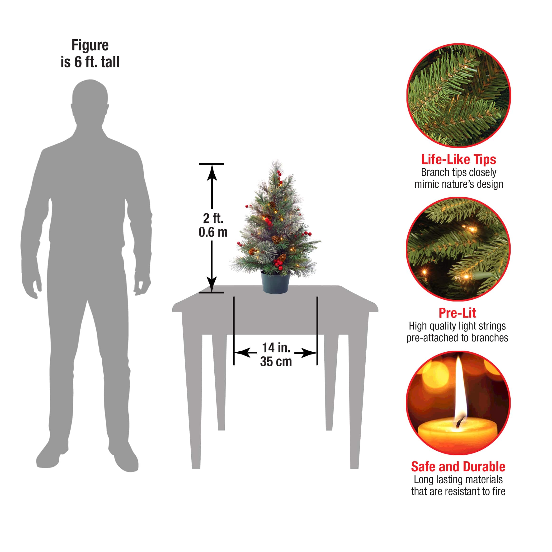 2ft. Feel Real&#xAE; Colonial Small Wrapped Artificial Christmas Tree With Red Berries &#x26; Cones, Warm White LED Lights