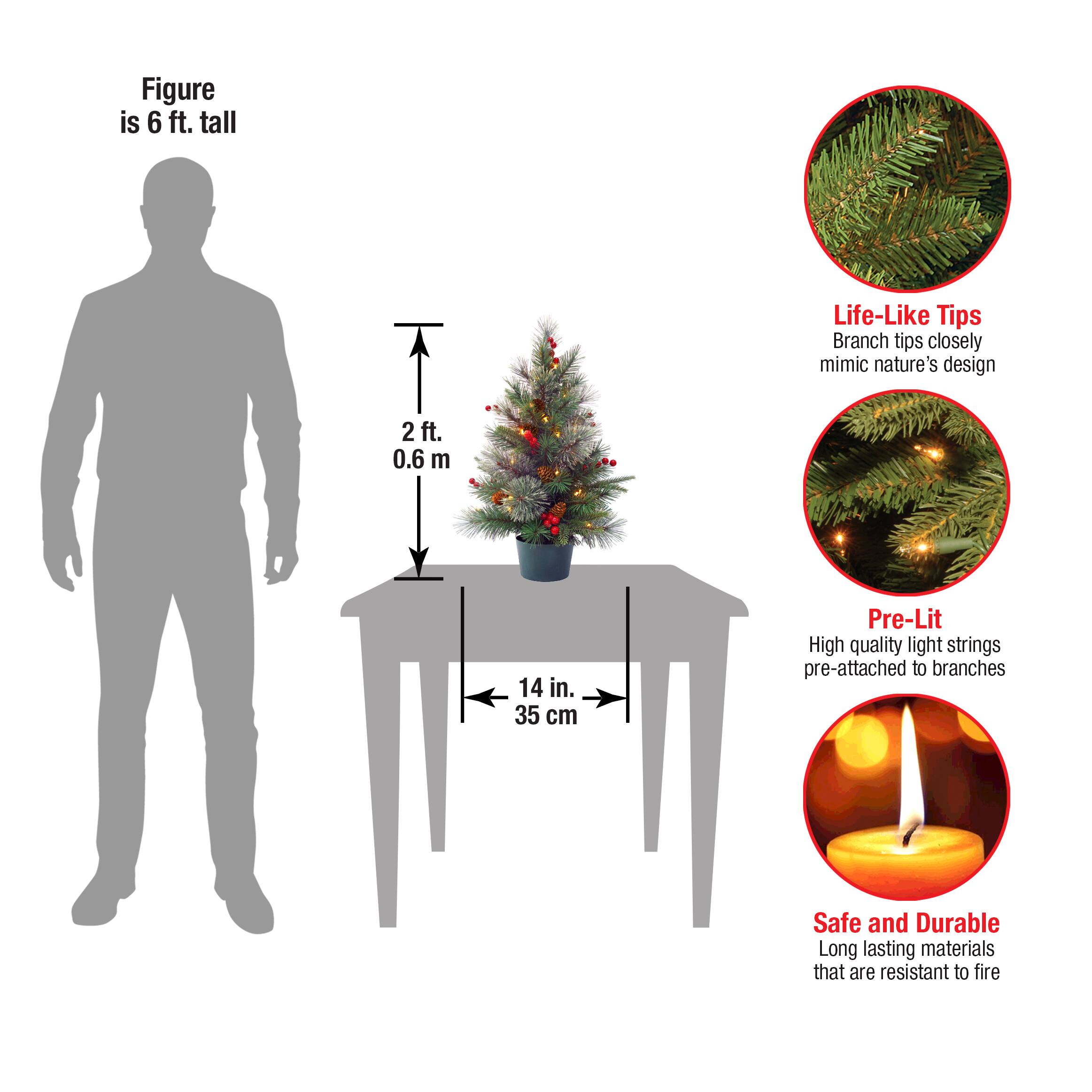 2ft. Pre-Lit Feel Real® Red Berries & Pinecones Colonial Small Wrapped Artificial Christmas Tree, Warm White LED Lights