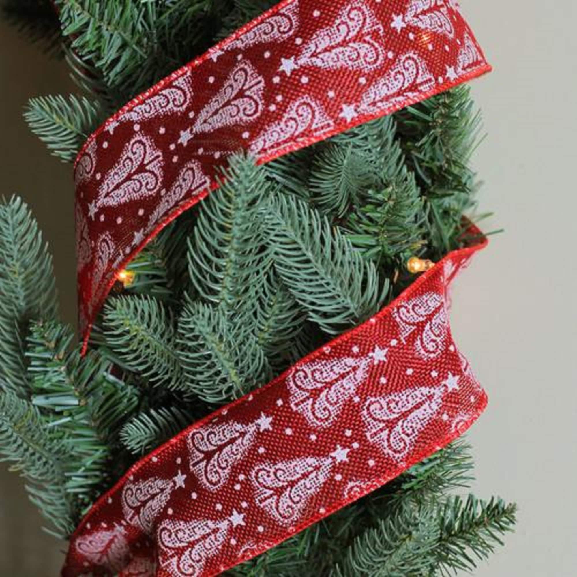 Cranberry Red and White Trees Burlap Wired Christmas Craft Ribbon 2.5&#x22; x 10 Yards