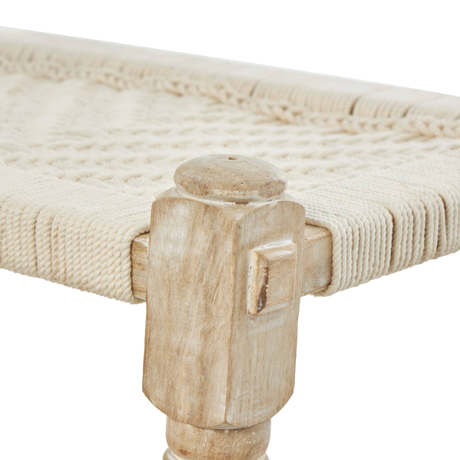Beige Cotton Handmade Woven Chevron Bench with Mango Wood Legs