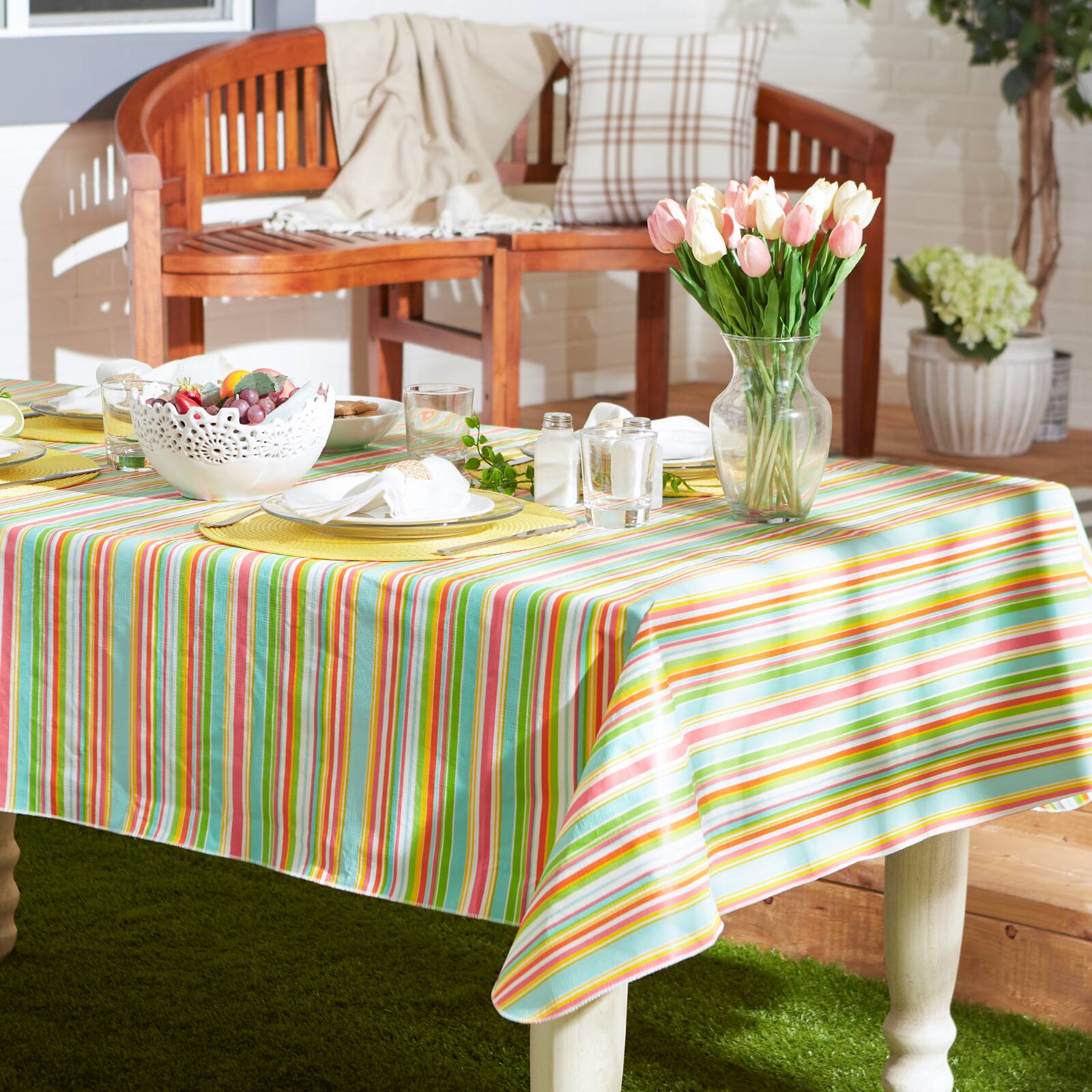 Spring Stripe Vinyl Tablecloth 70" Round