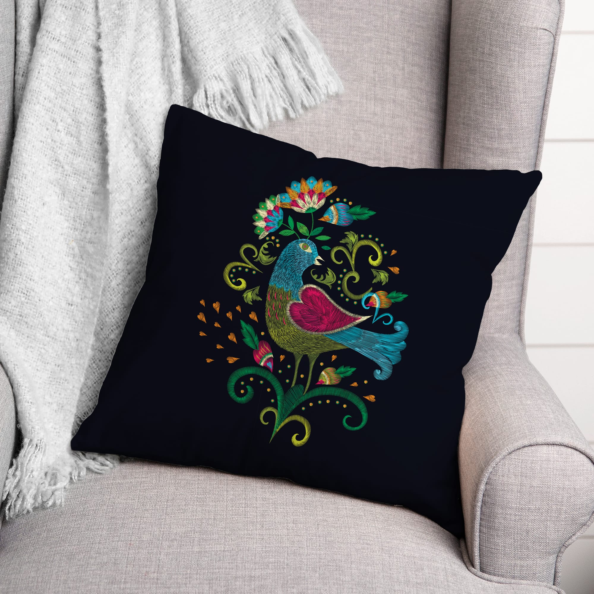 Bright Folk Bird 18" x 18" Throw Pillow