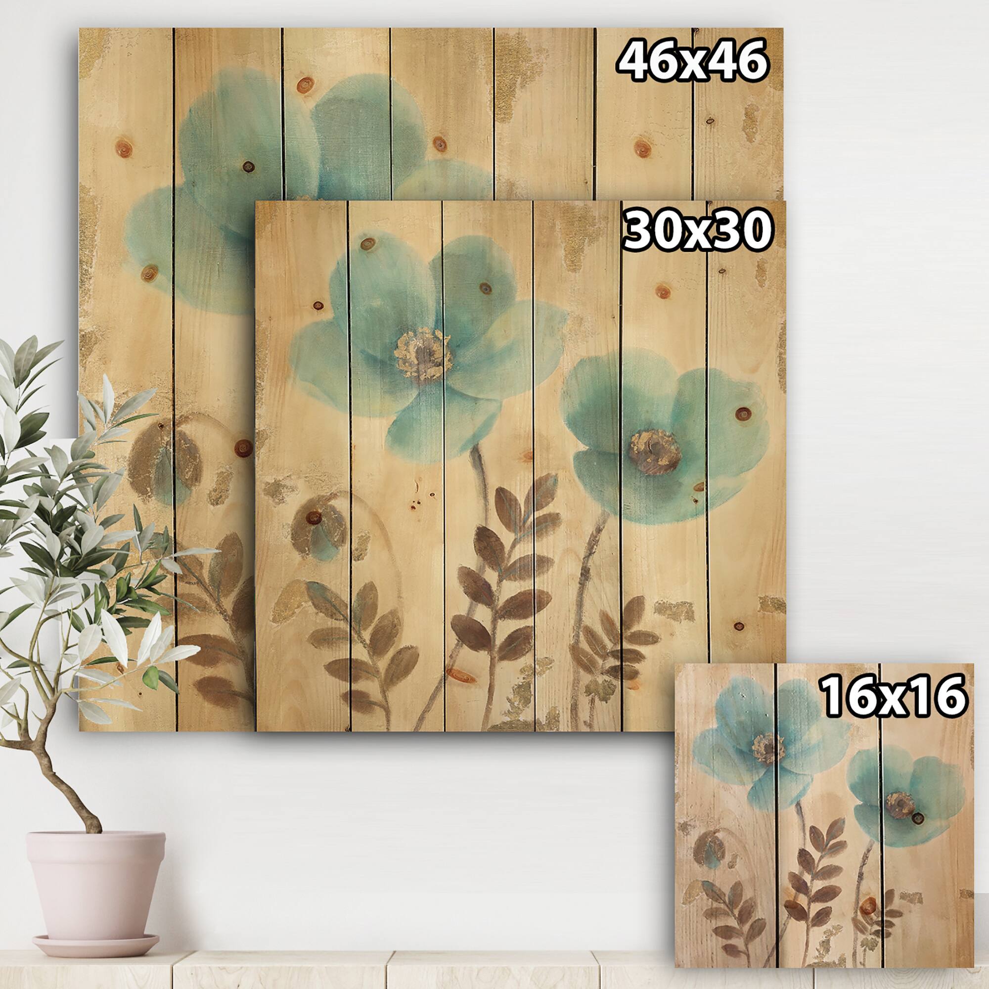Designart - Blue Poppies Cottage Flowers I - Farmhouse Print on Natural Pine Wood