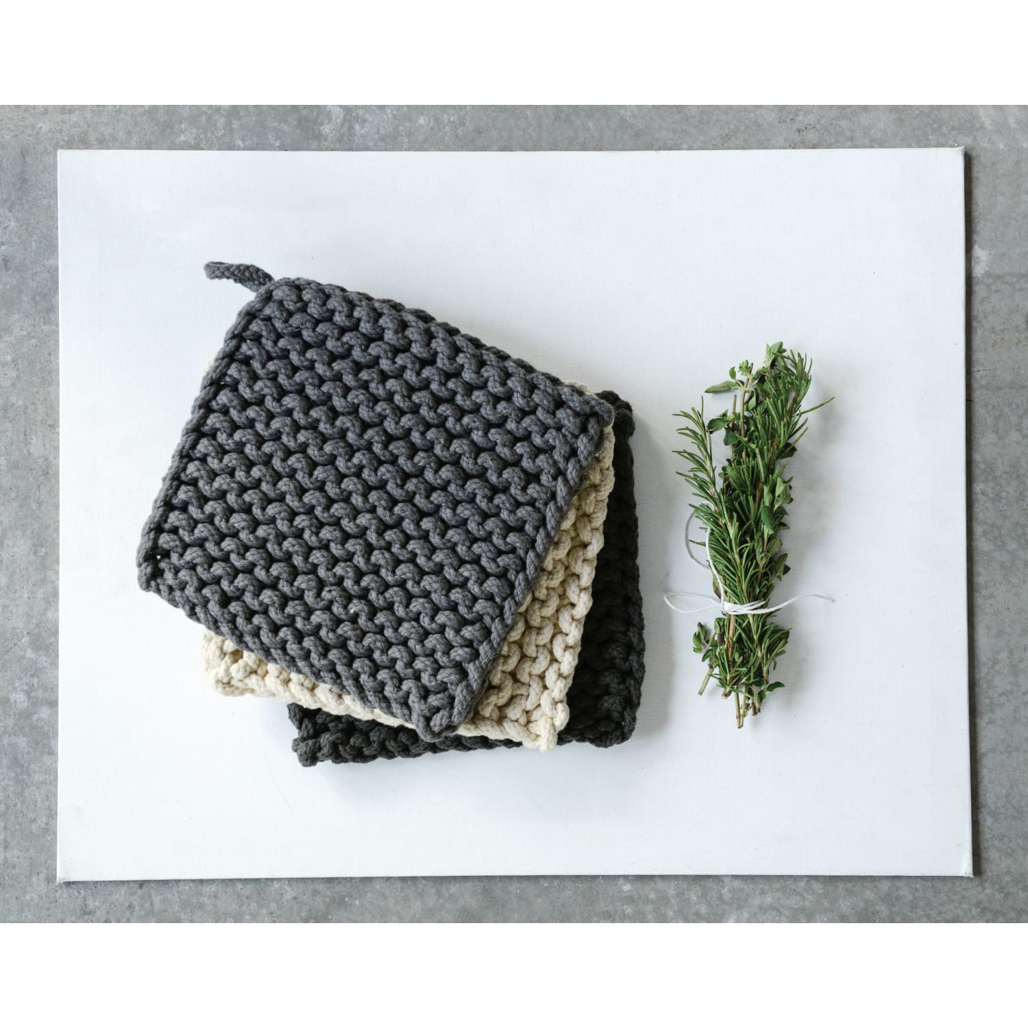 Hello Honey&#xAE; 8&#x22; Black, Gray &#x26; Cream Square Cotton Crocheted Pot Holder Set