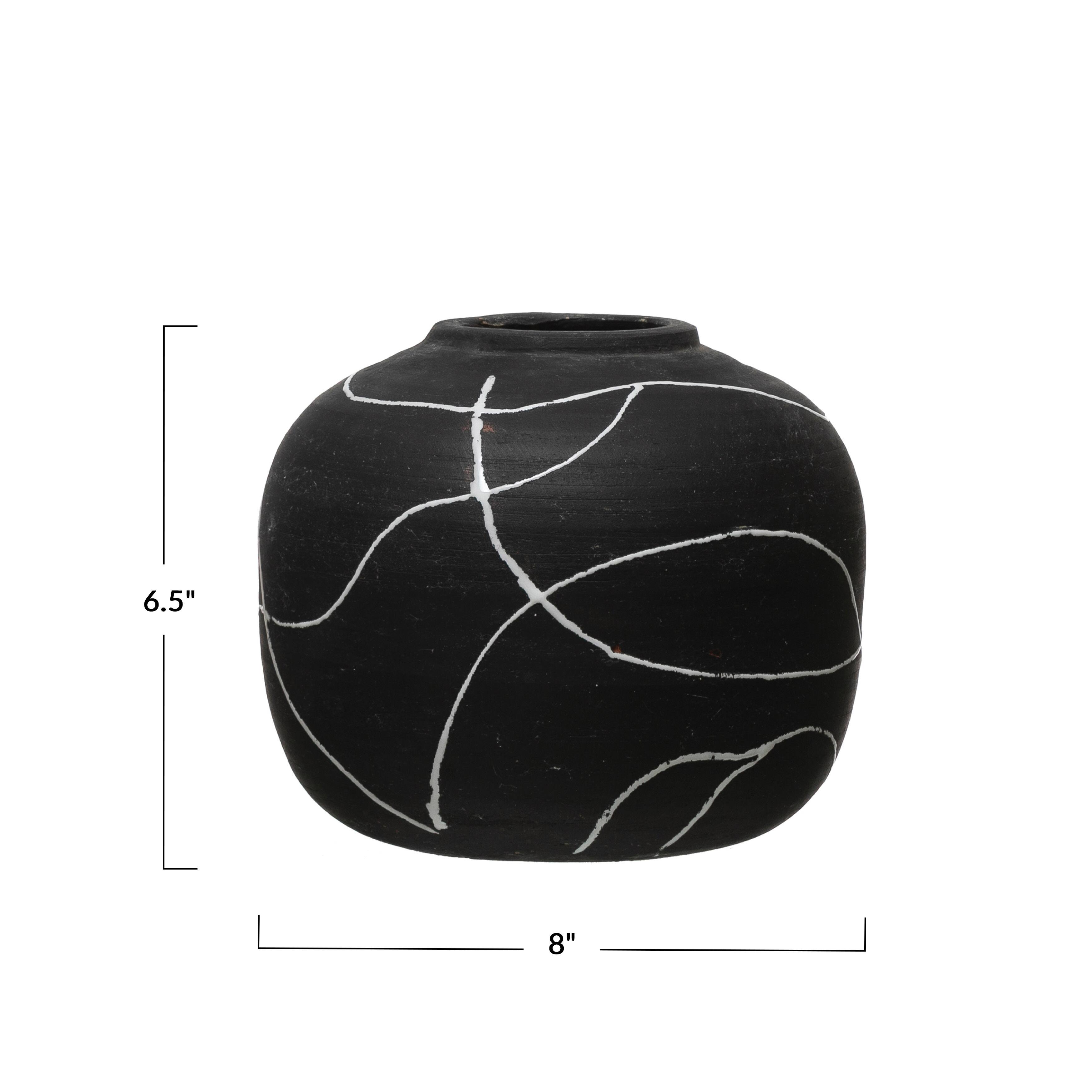 Hello Honey® 6.5" Black & White Stoneware Vase with Hand-Painted Intersecting Lines