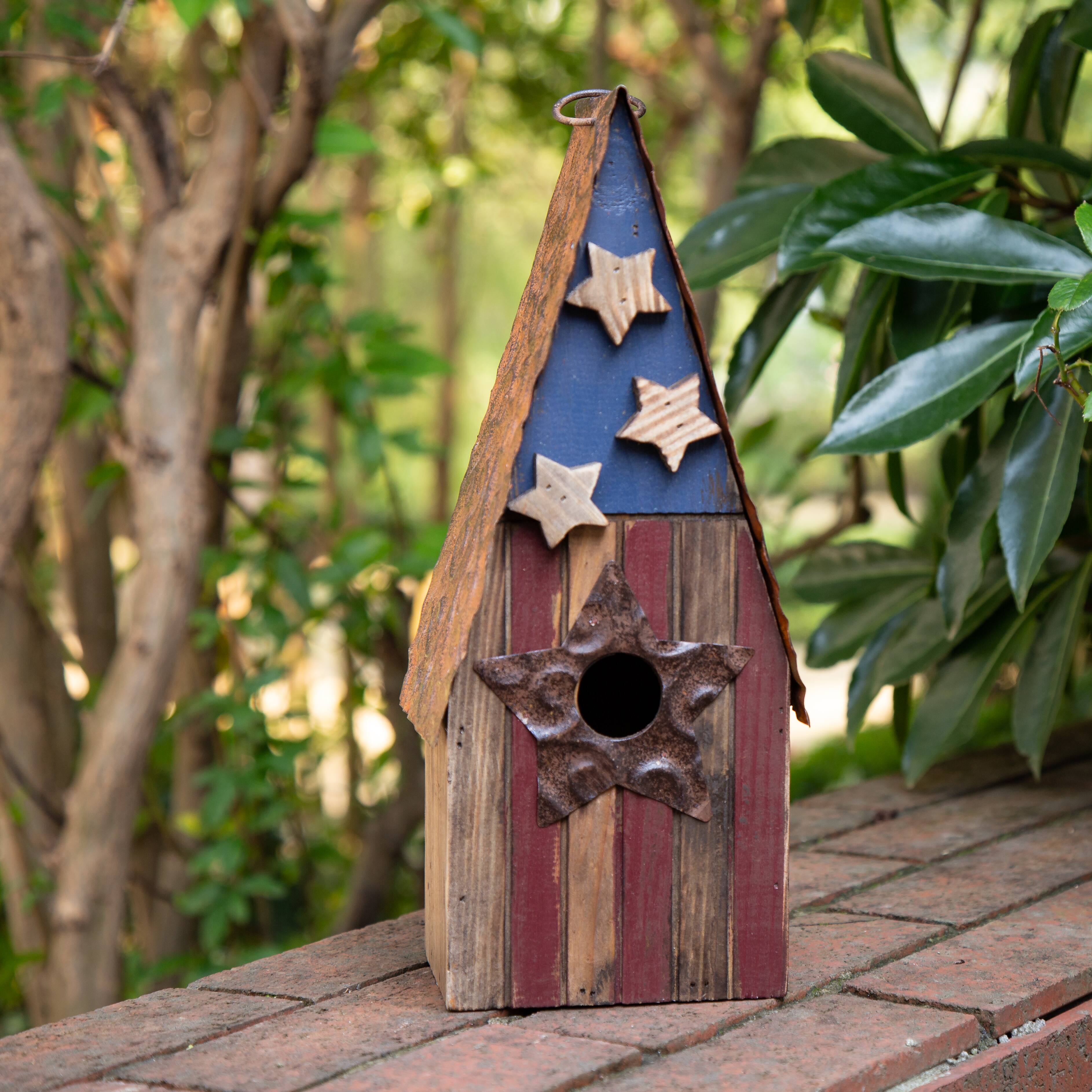 Glitzhome® Distressed Wood & Metal Patriotic Bird House with Stars