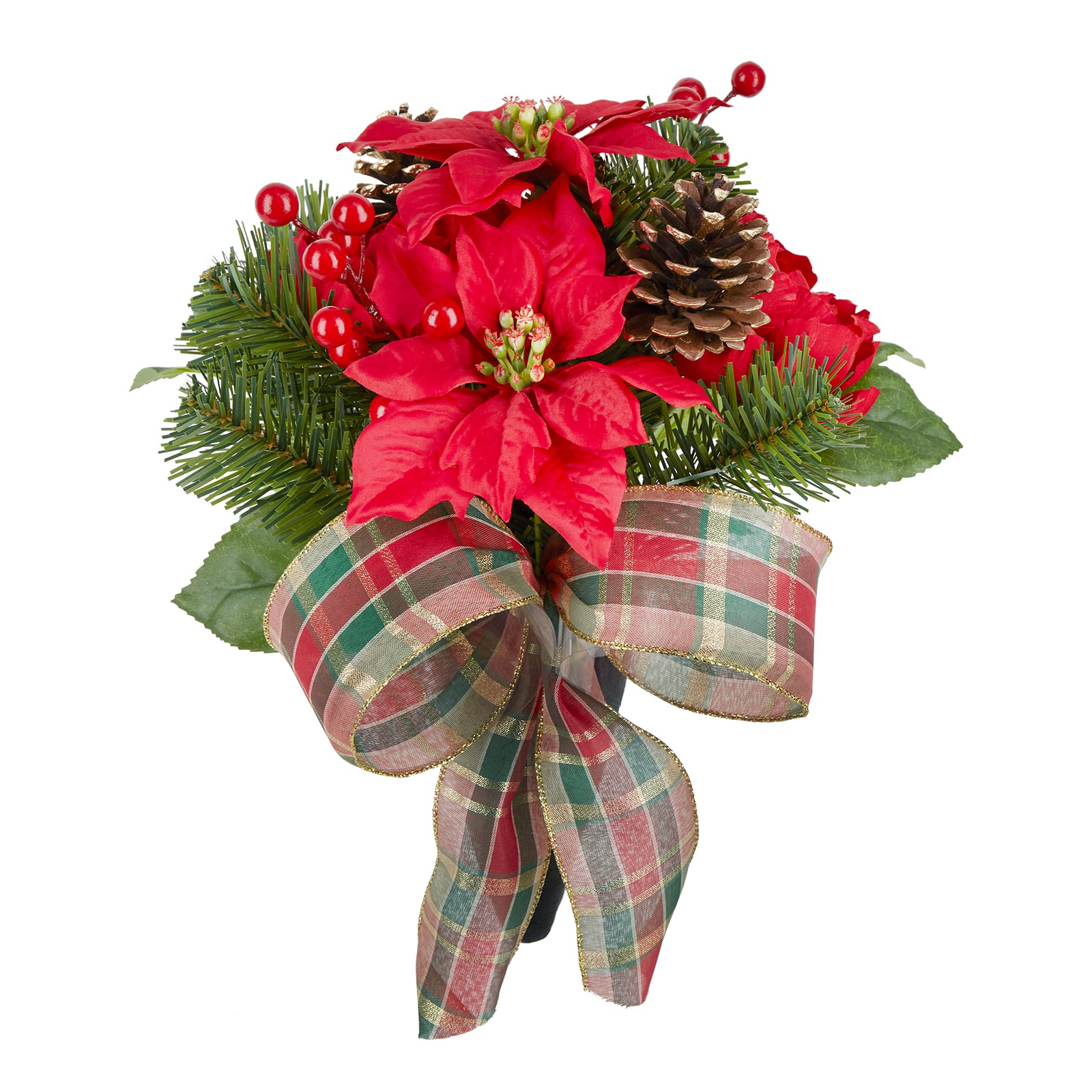 14&#x22; Red Poinsettia &#x26; Peony Cone with Plaid Bow by Ashland&#xAE;