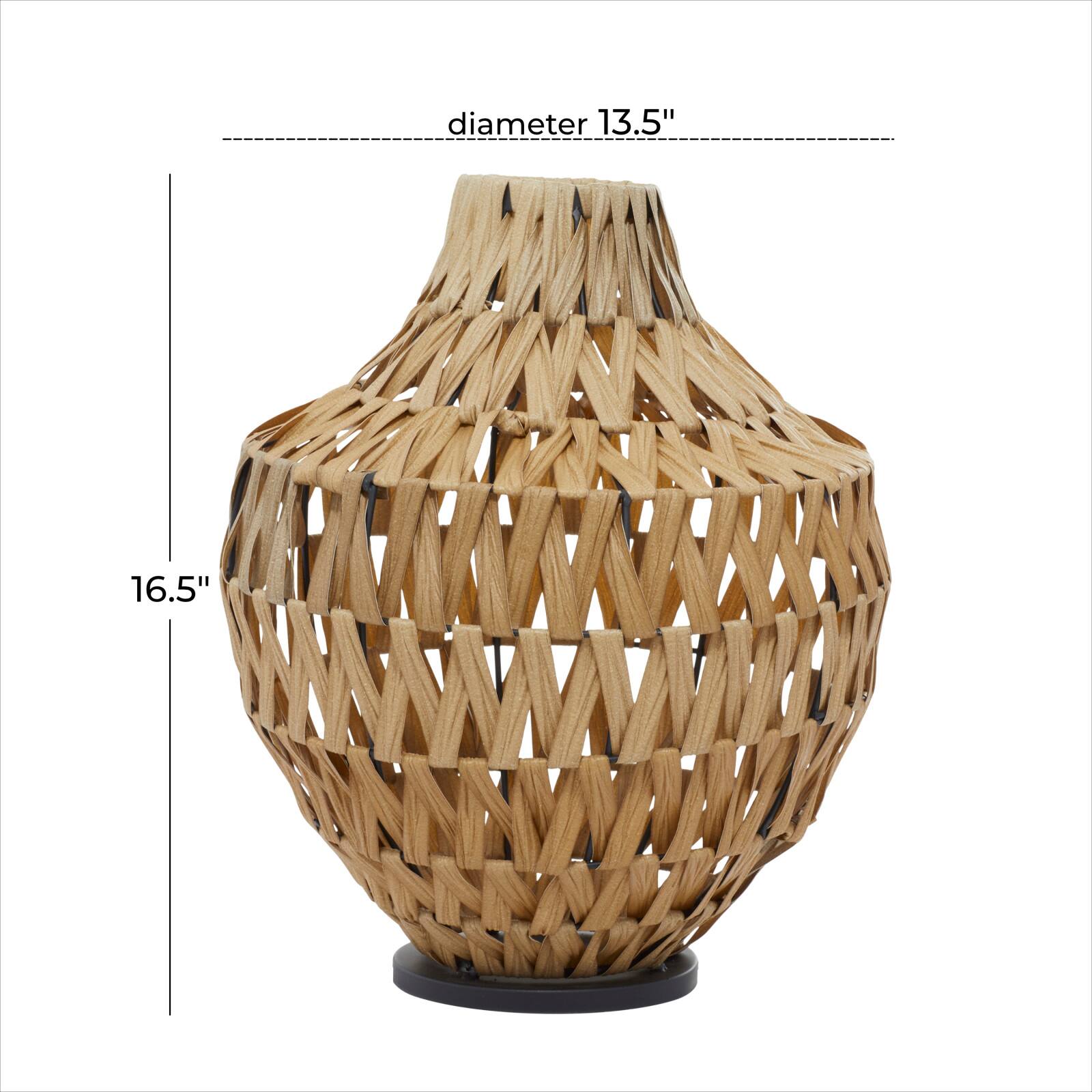 Brown Plastic Rattan Handmade Woven Vase with Black Metal Base 14" x 14" x 17"