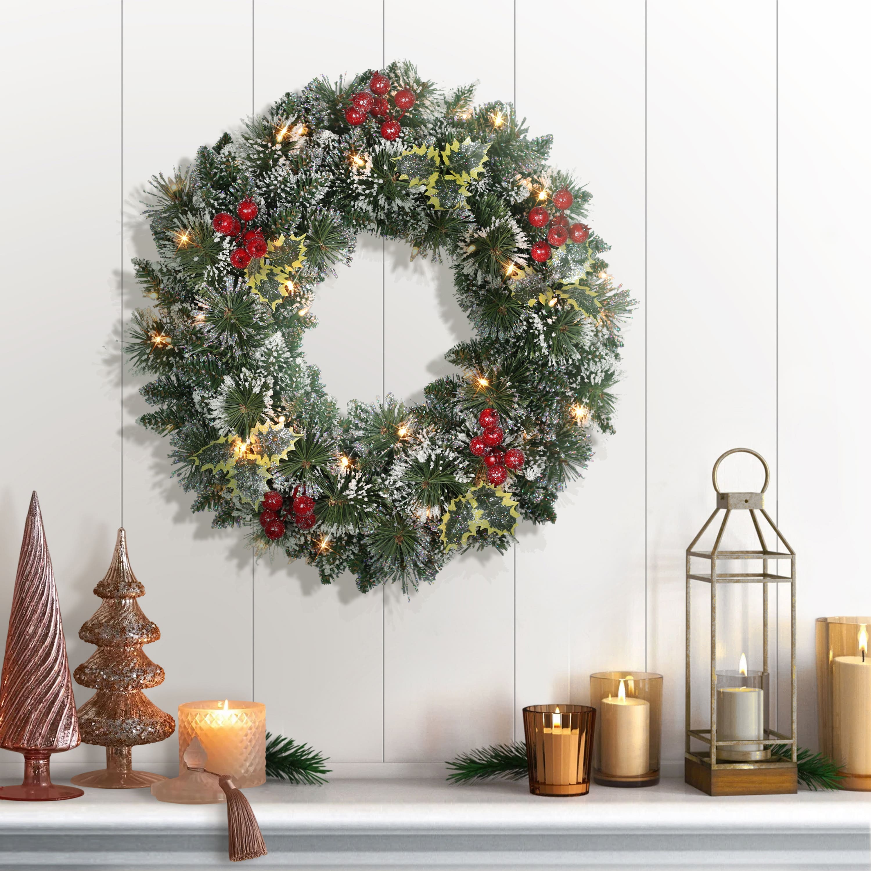 24&#x22; Pre-Lit Snowy Silverton Pine Wreath