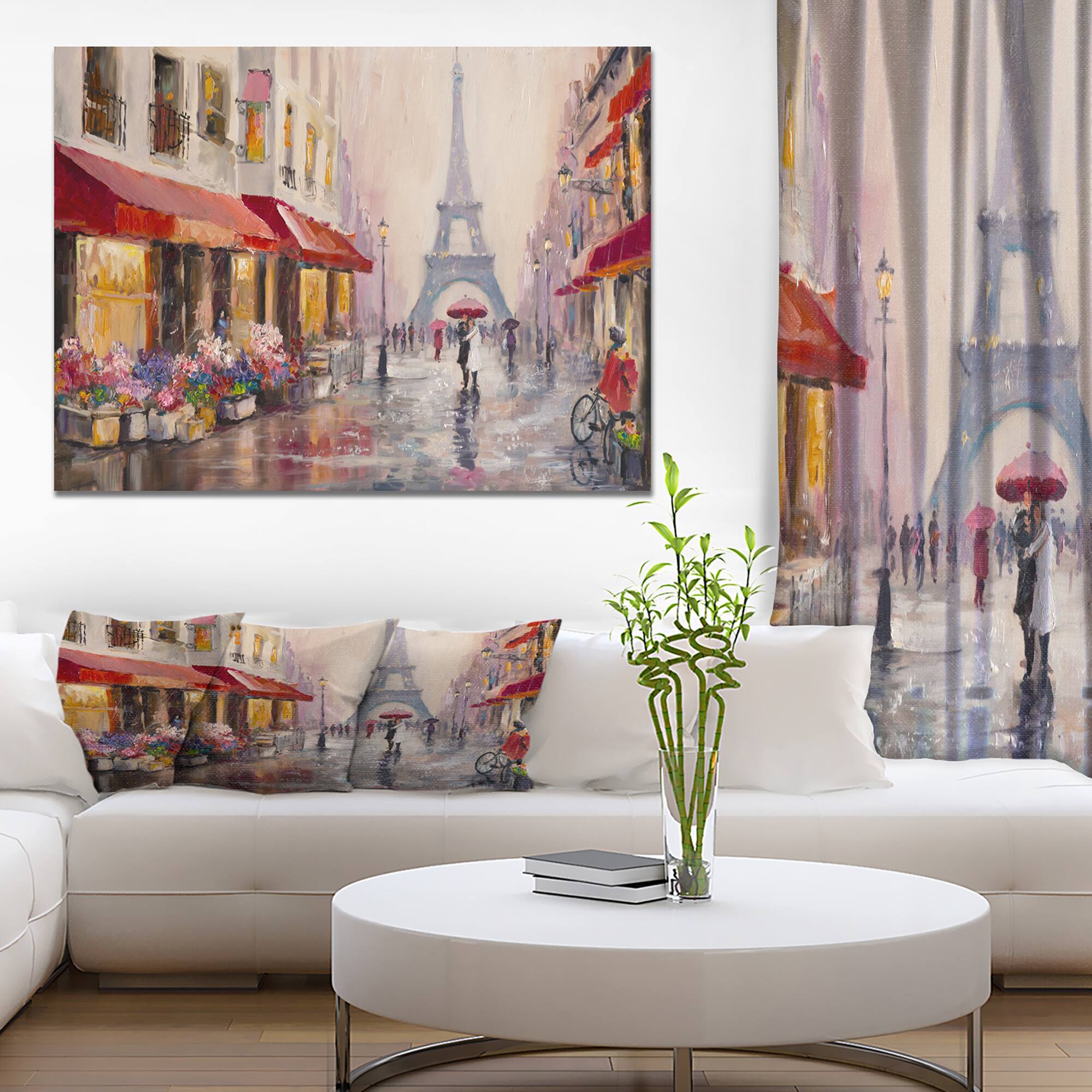 Designart - Lovers in Paris Eiffel Tower - Cityscapes Painting Print on Wrapped Canvas