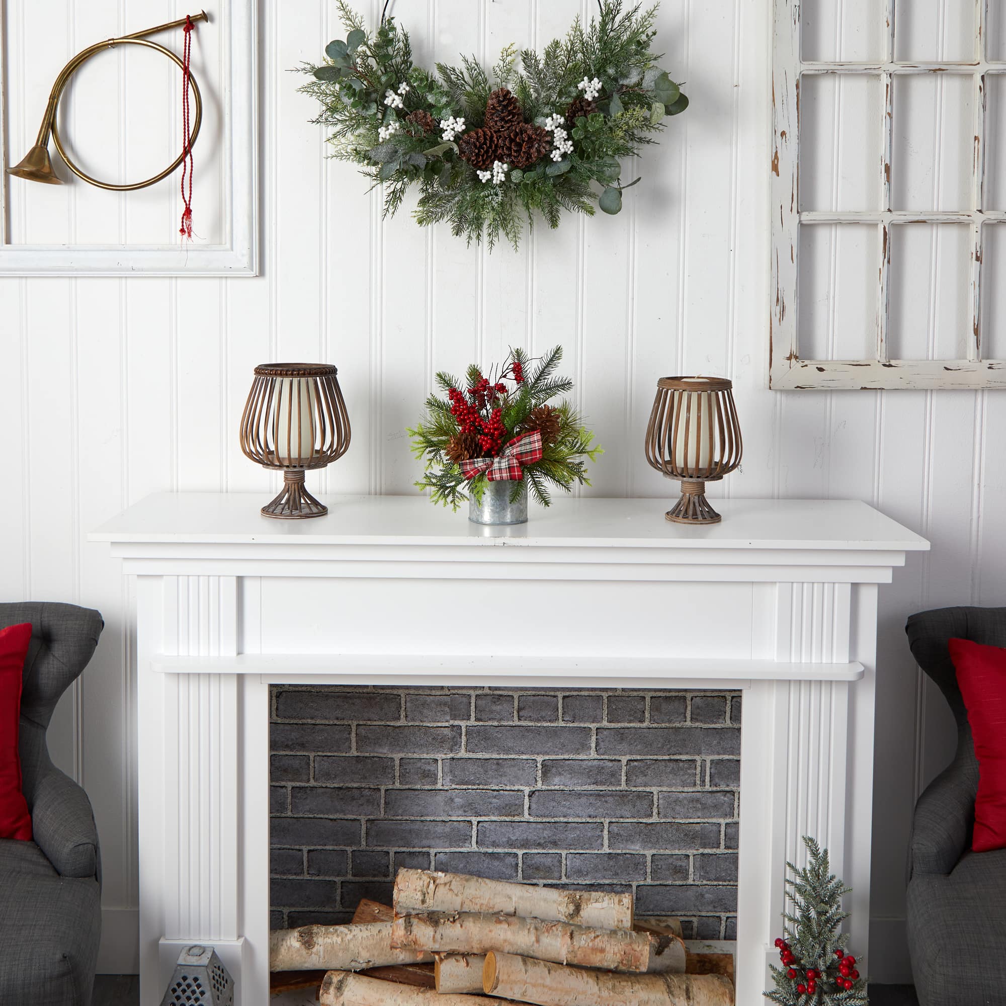 12&#x22; Holiday Winter Pinecones, Berries, Greenery &#x26; Plaid Bow Arrangement