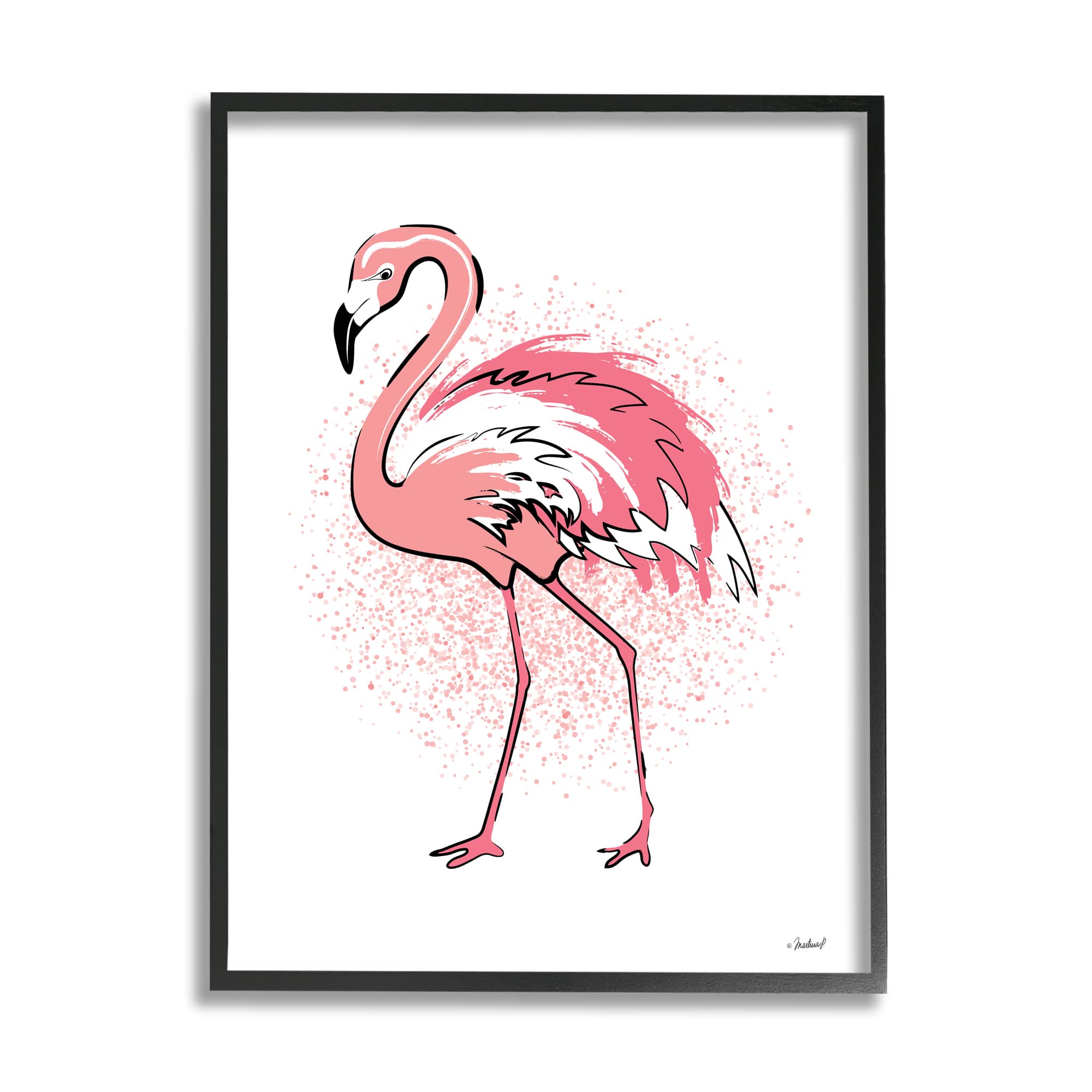 Stupell Industries Pink Splatter Flamingo Feathers Tropical Bird in Black Frame Wall Art