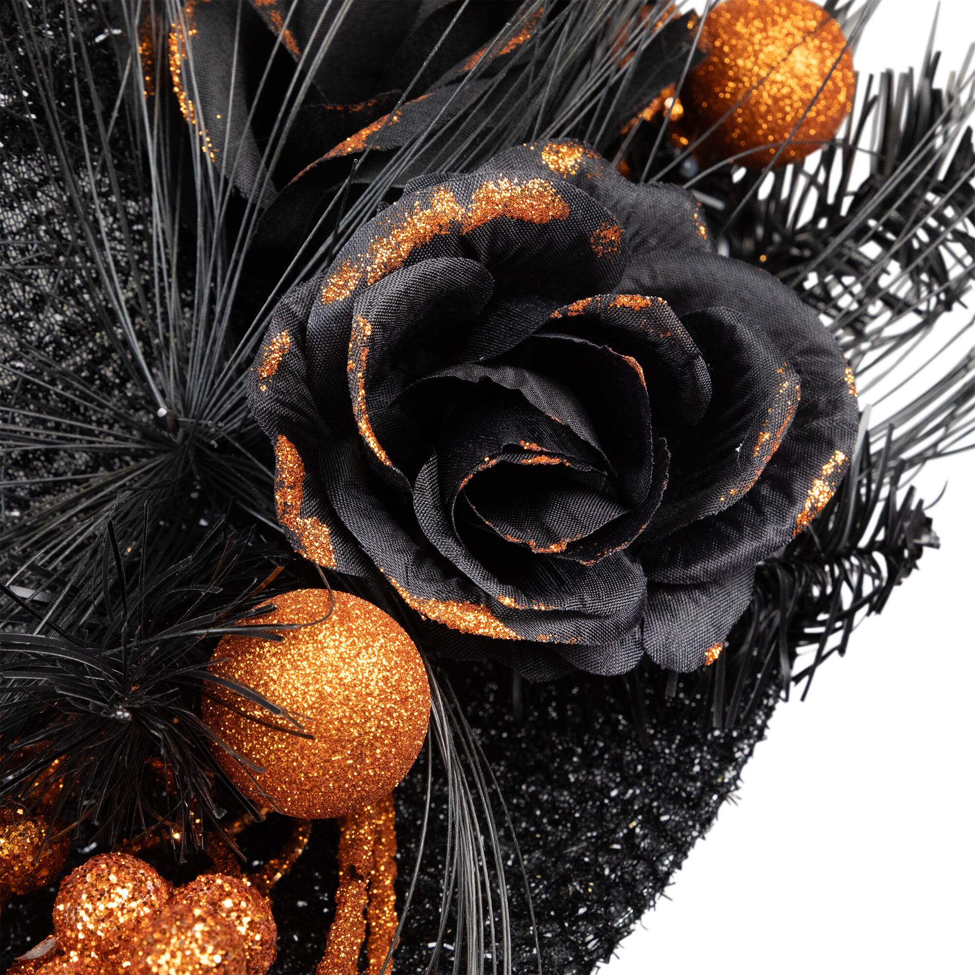 16" Black Tinsel Witch's Hat with Orange Glittered Roses Halloween Decoration