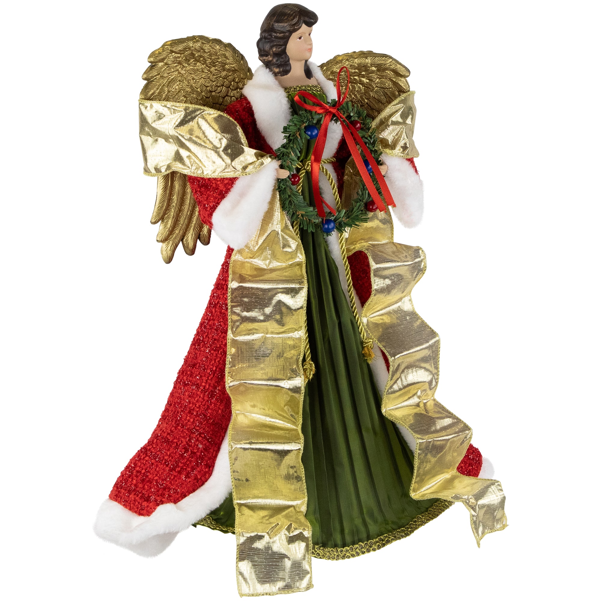 18" Unlit Red and Green Angel with Wreath Christmas Tree Topper