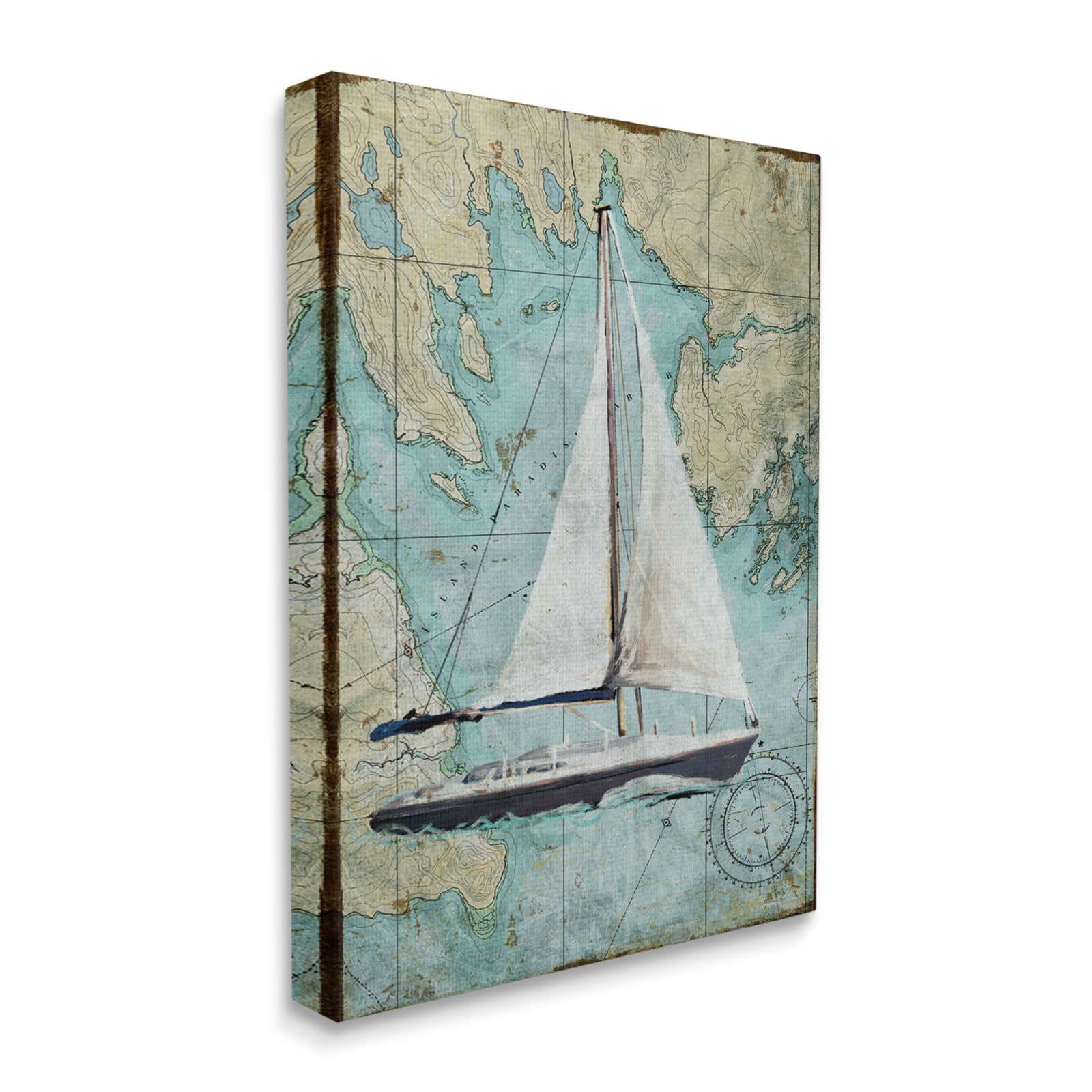 Stupell Industries Vintage World Map Sail Boat Ocean Coast Painting Canvas Wall Art