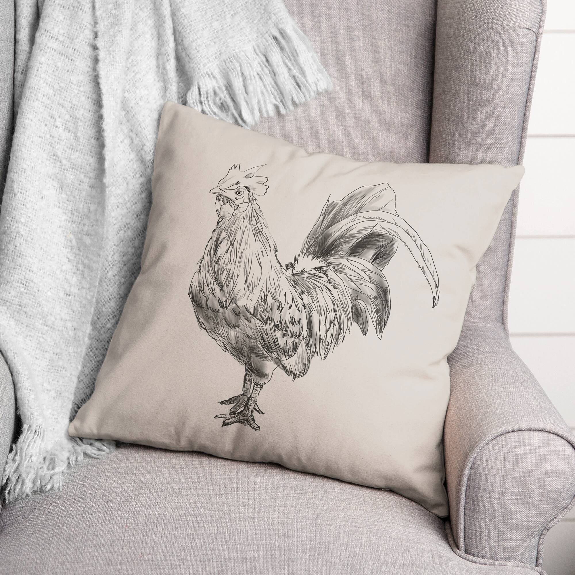 Sketched Black Chicken Throw Pillow