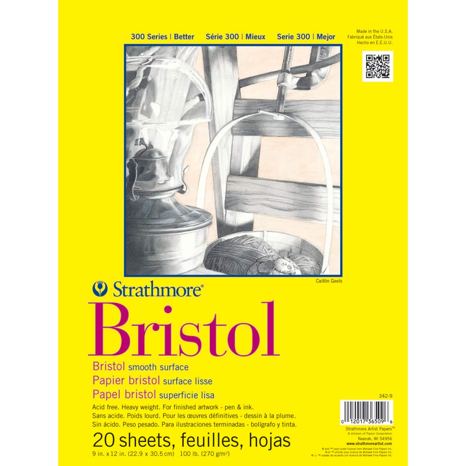 Strathmore Bristol Paper Pad, 300 Series, Tape-Bound, 20 Sheets, Smooth, 9" x 12"