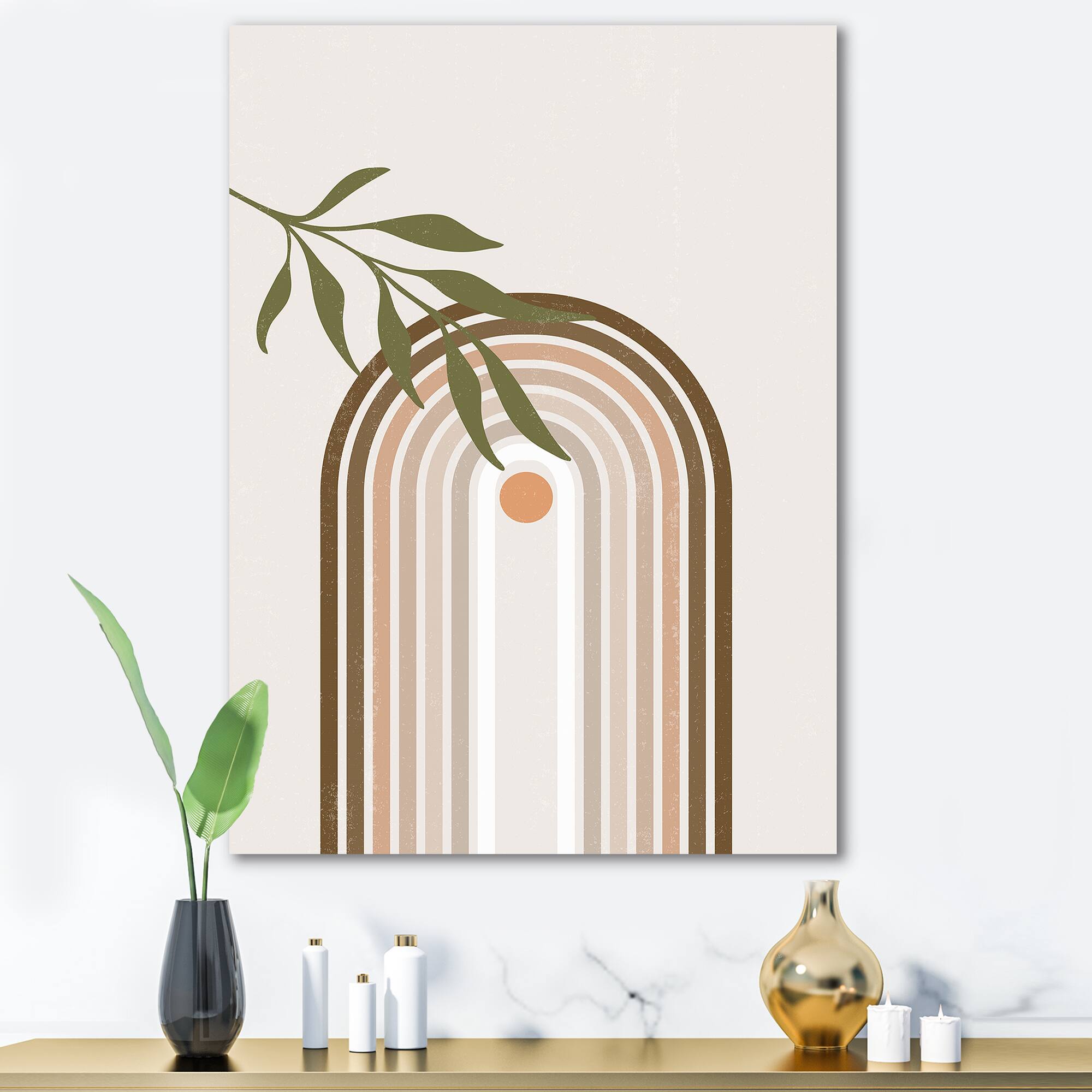 Designart - Abstract Sun and Moon With Green Leaf I - Modern Canvas Wall Art Print