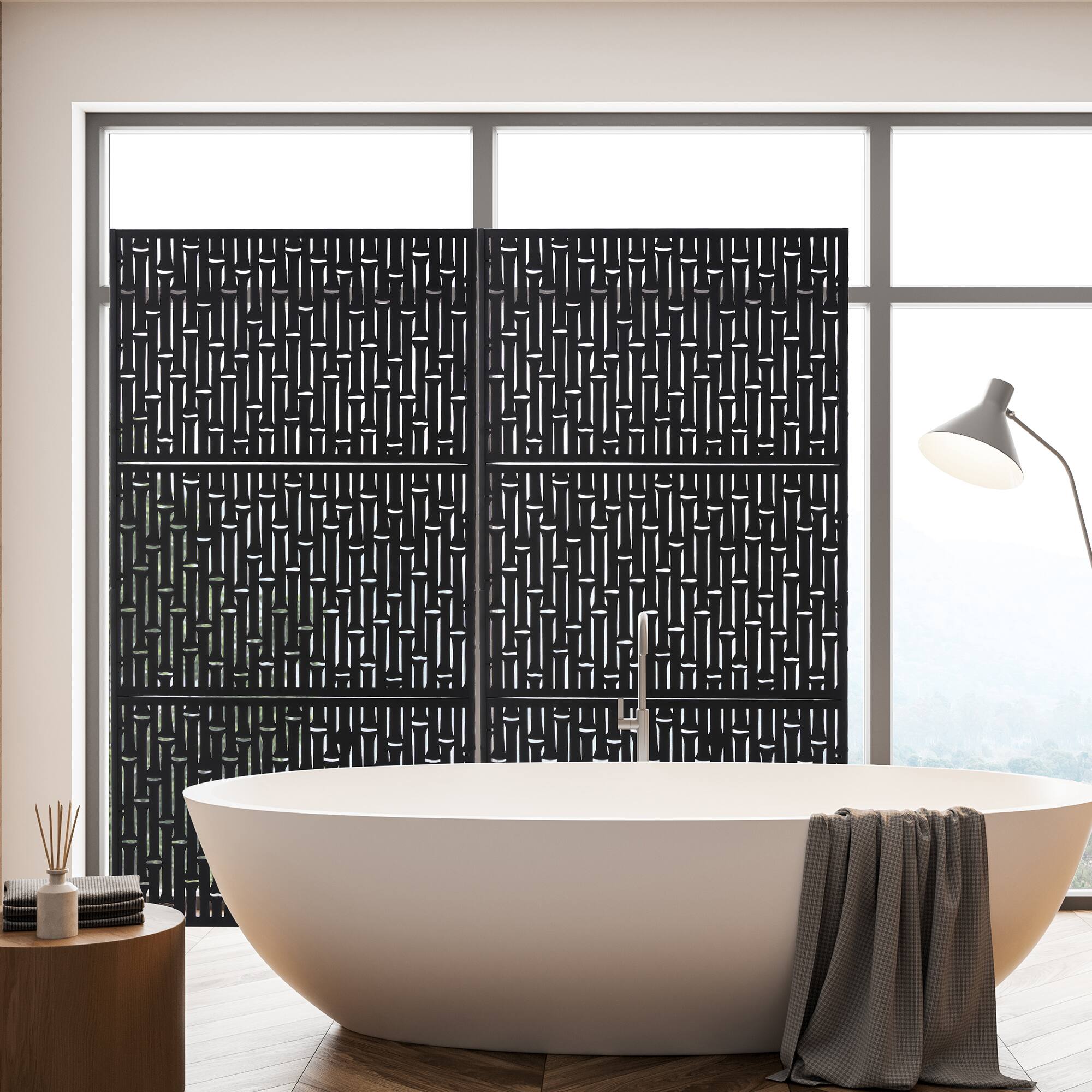 Glitzhome&#xAE; 6ft. Black Galvanized Steel Bamboo Pattern Privacy Screen Fence Panel &#x26; Room Divider