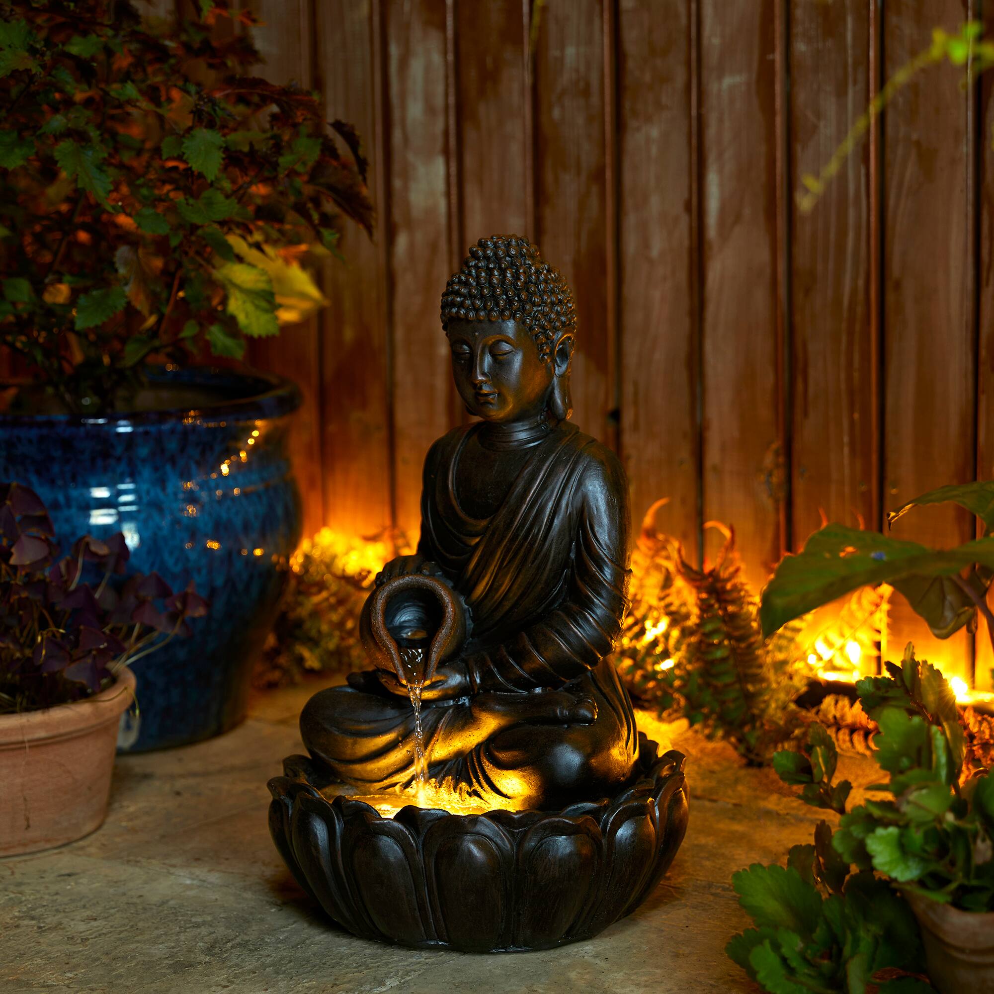Glitzhome&#xAE; 20.5&#x22; Zen-Style LED 2-Tier Buddha Statue Outdoor Fountain