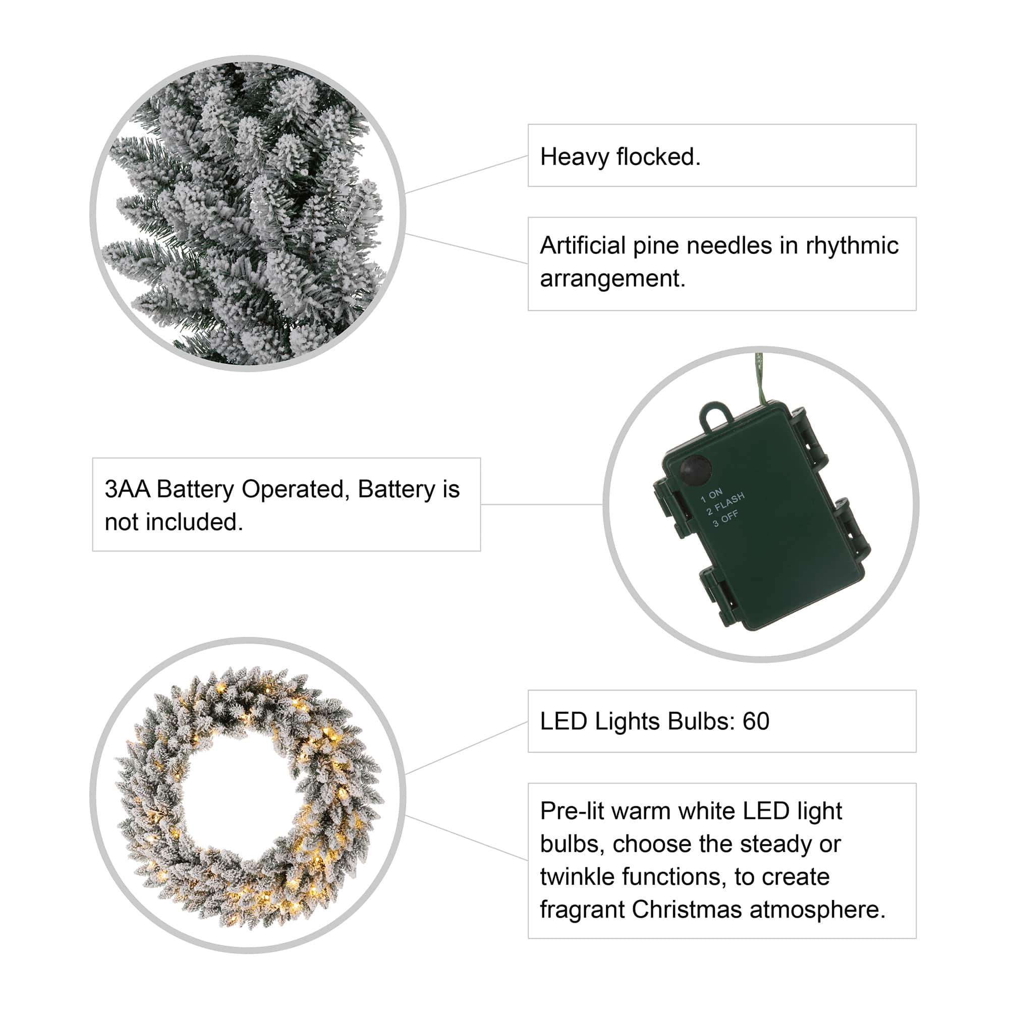 Glitzhome® 36" Pre-Lit Snow Flocked Christmas Wreath, Warm White Lights