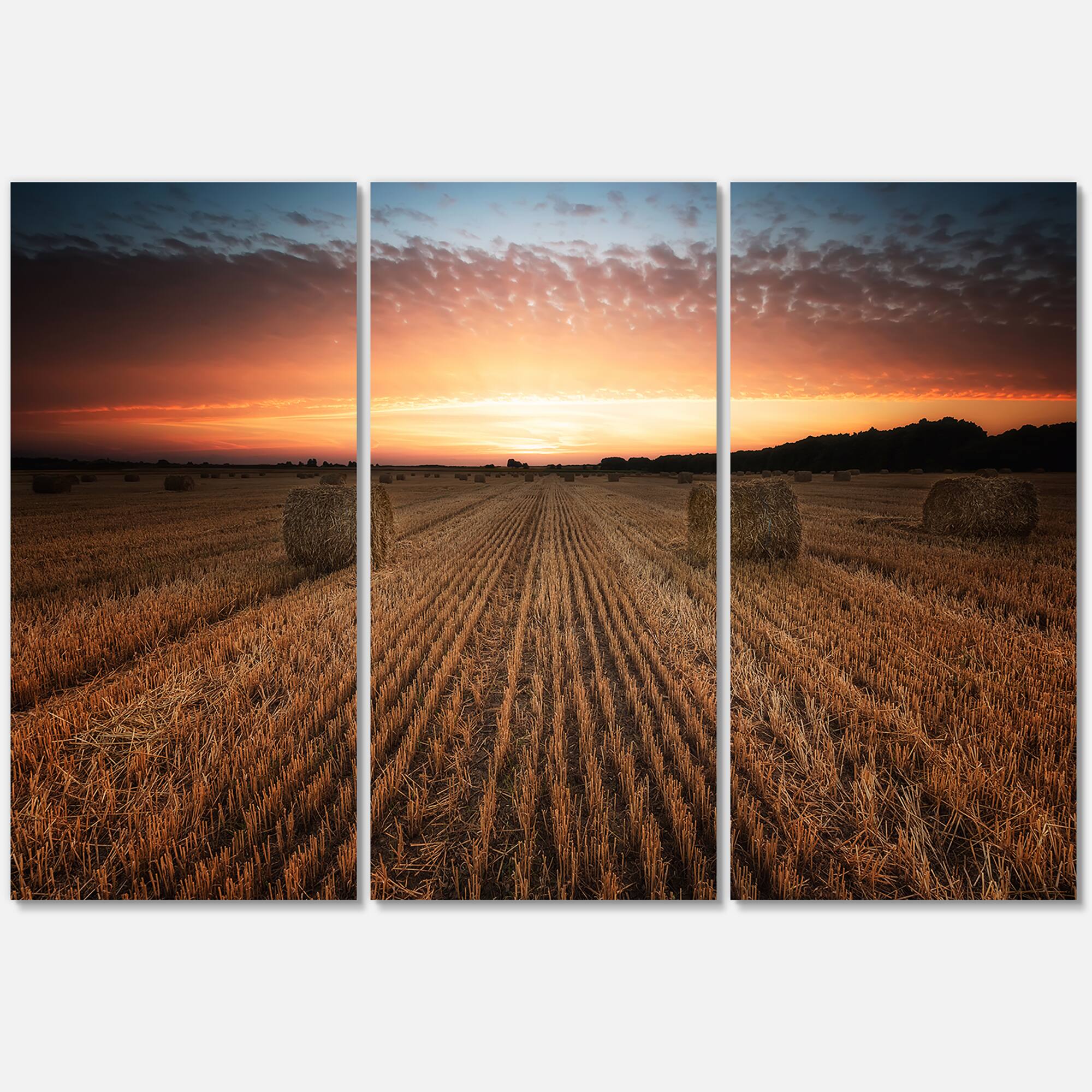 Designart - Landscape With A Field Full of Hay Bales At Sunset - Farmhouse Canvas Wall Art Print