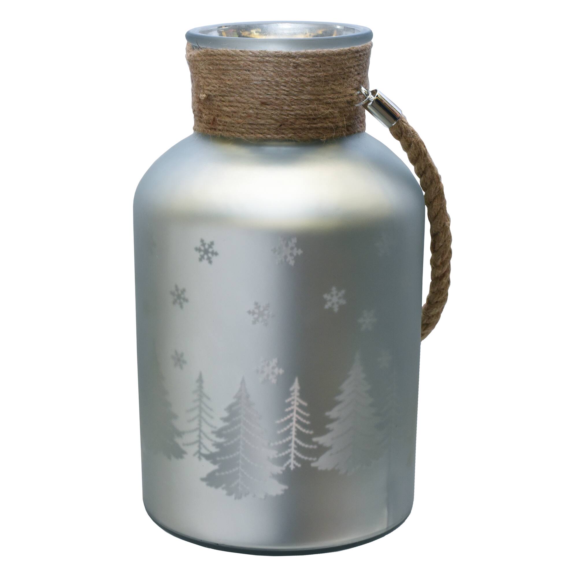 12&#x22; Christmas Trees and Snowflakes Pillar Candle Holder with Handle