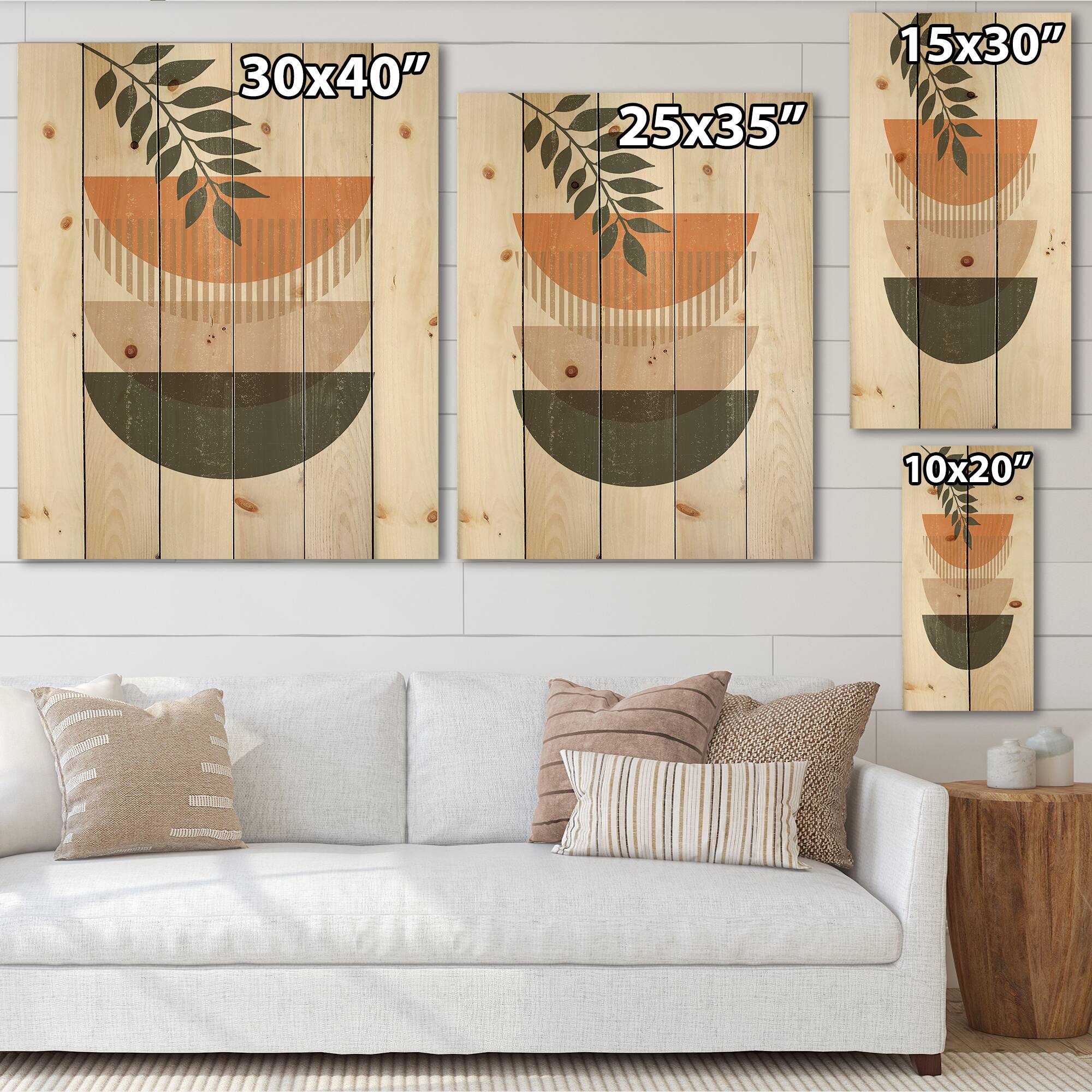 Designart - Abstract Geometrical Sun and Moon With Leaf II - Modern Print on Natural Pine Wood
