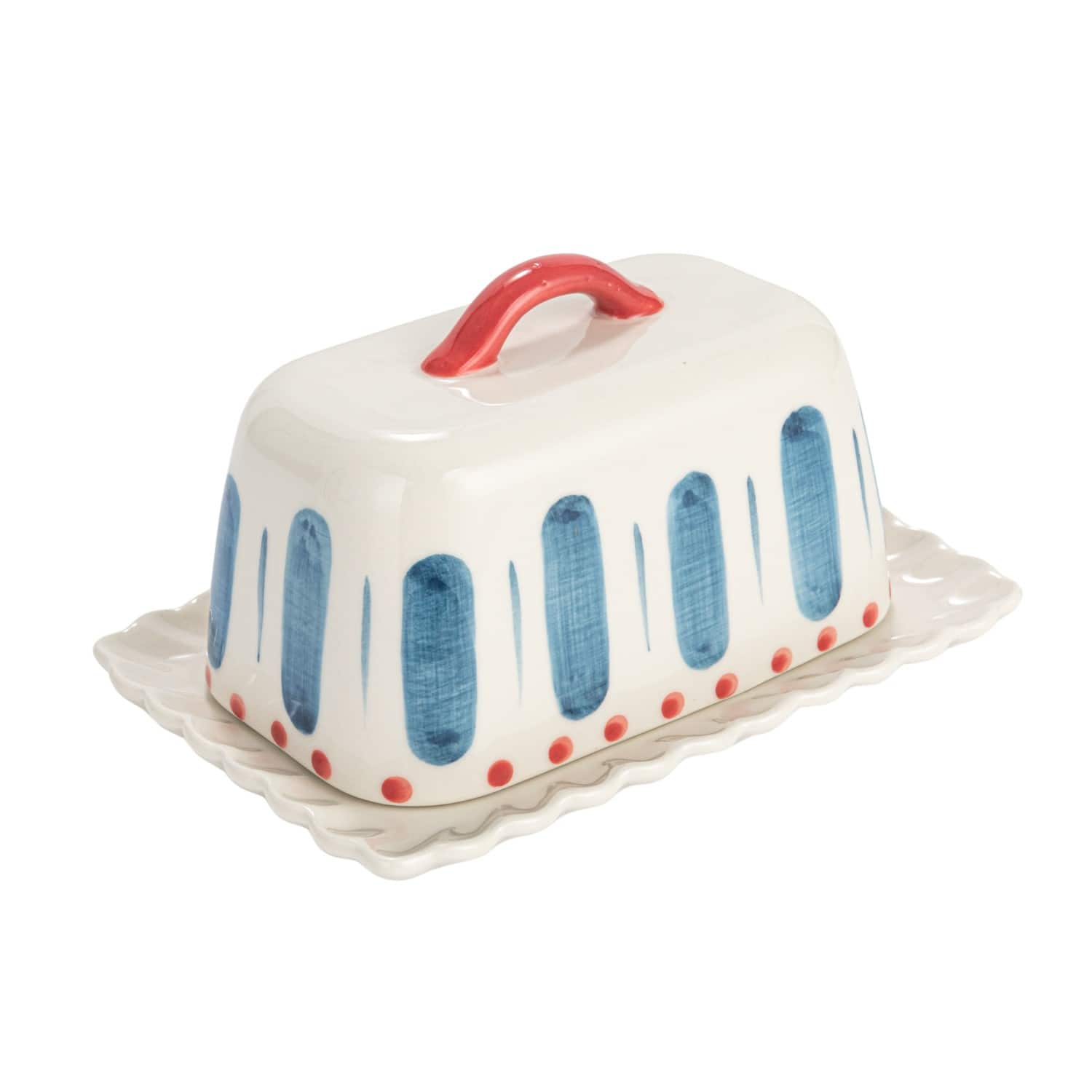 Hello Honey&#xAE; 6.75&#x22; White, Red &#x26; Blue Hand-Painted Stoneware Butter Dish
