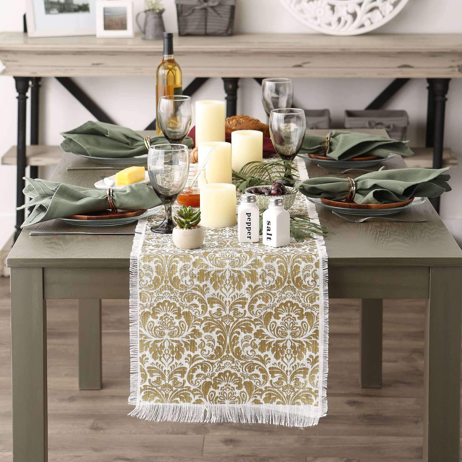 Gold Damask Print Jute Table Runner 14&#x22; x 108&#x22;