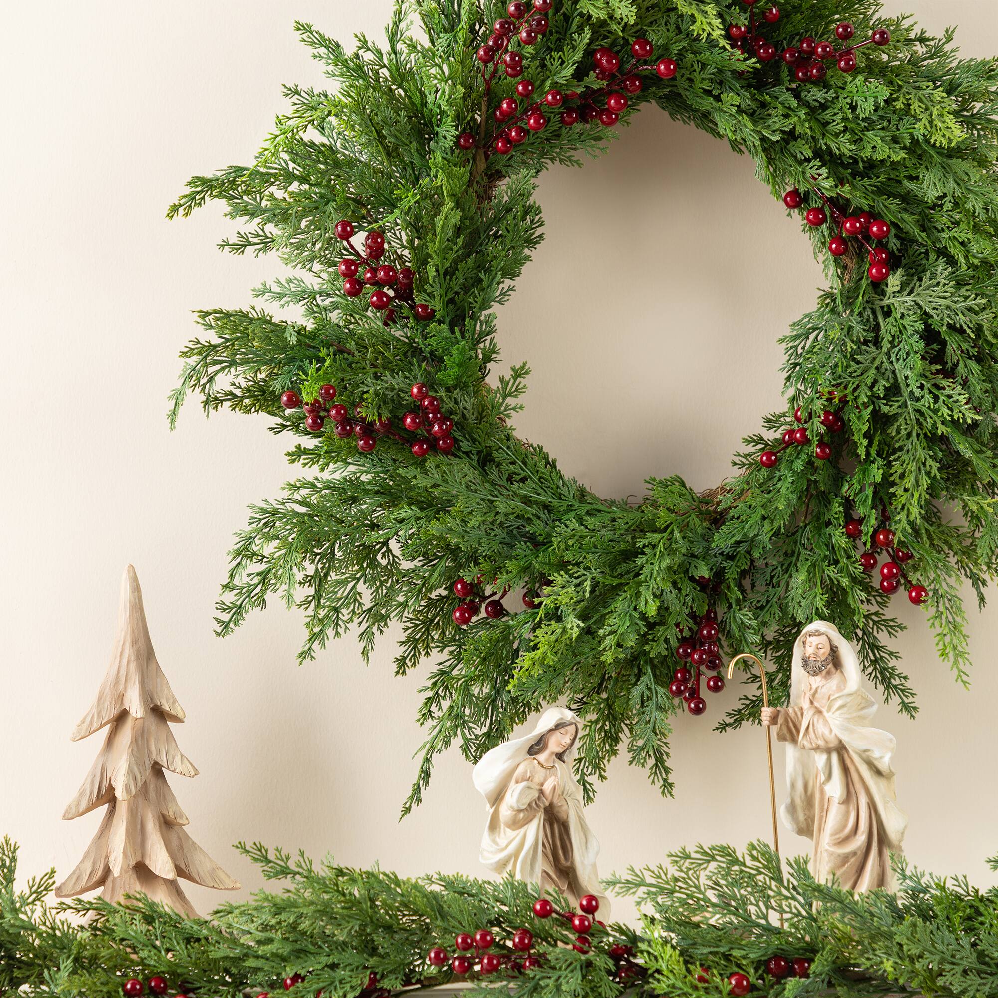 Glitzhome&#xAE; 24&#x22;D Christmas Greenery PE Cedar Wreath with Red Berries