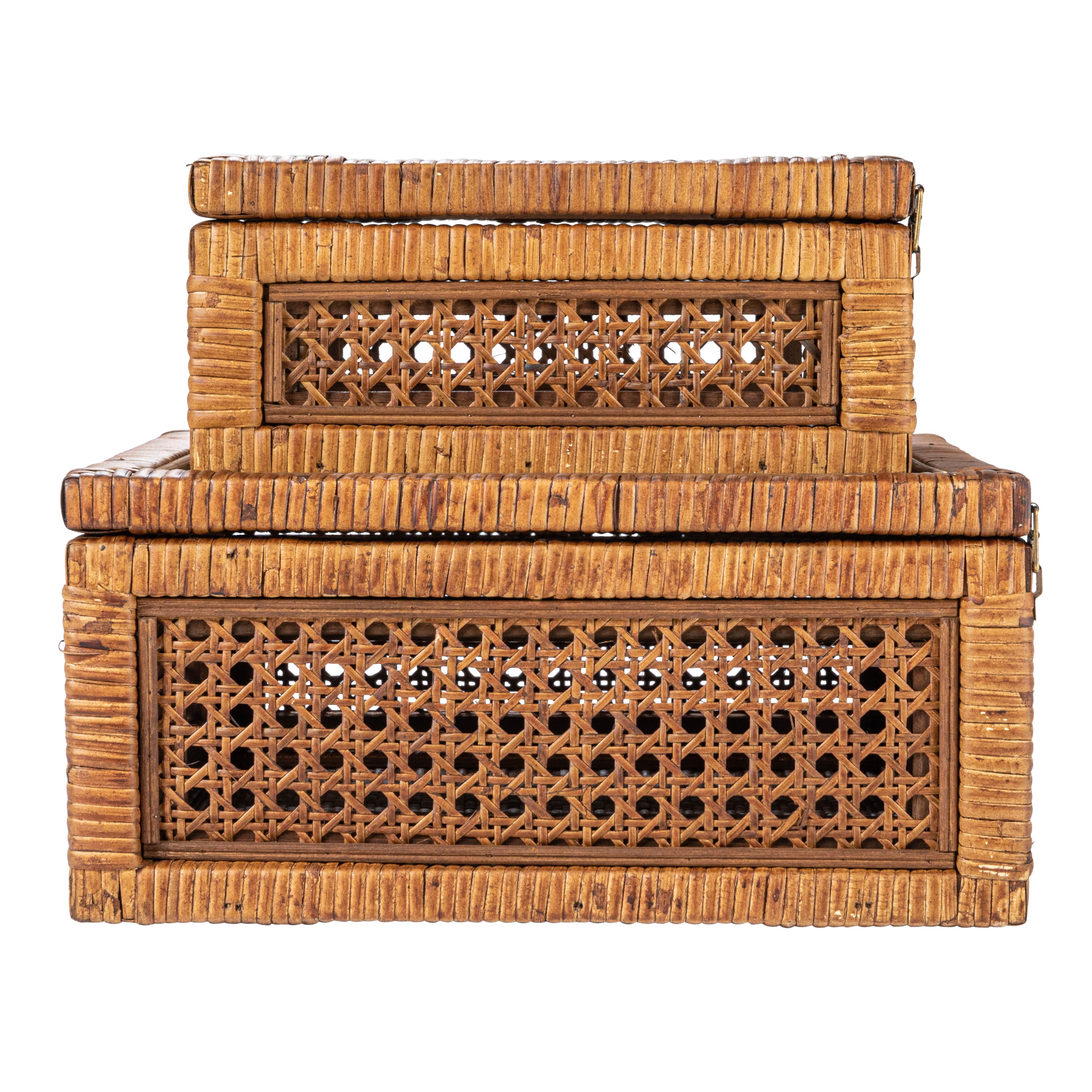 Hello Honey&#xAE; Dark Brown Modern Decorative Square Woven Rattan &#x26; Wood Display Box Set with Glass Top